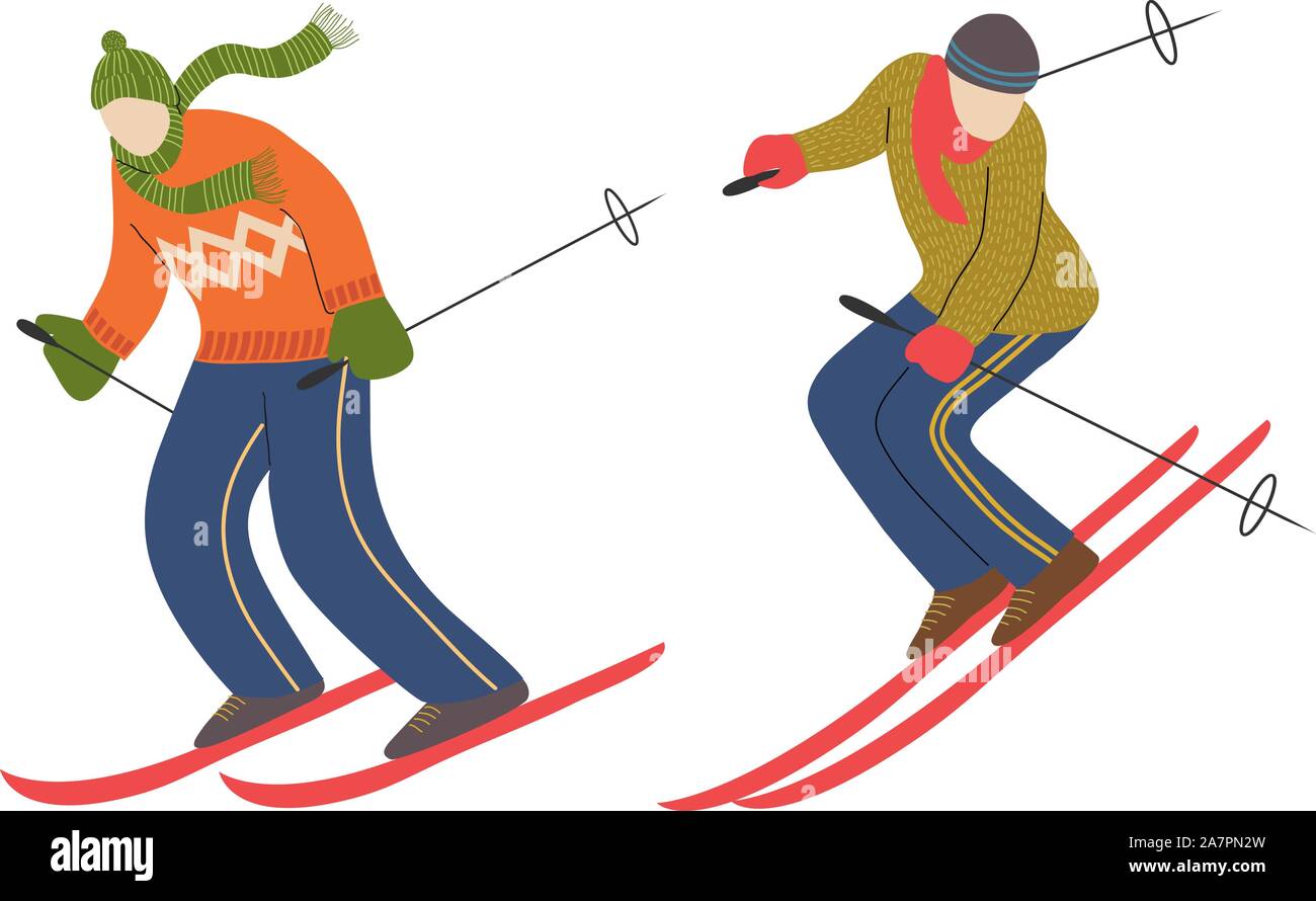Set di sciatore isolati su sfondo bianco. Uomo di sci. Atleta sulla discesa. Vettore Illustrazione Vettoriale
