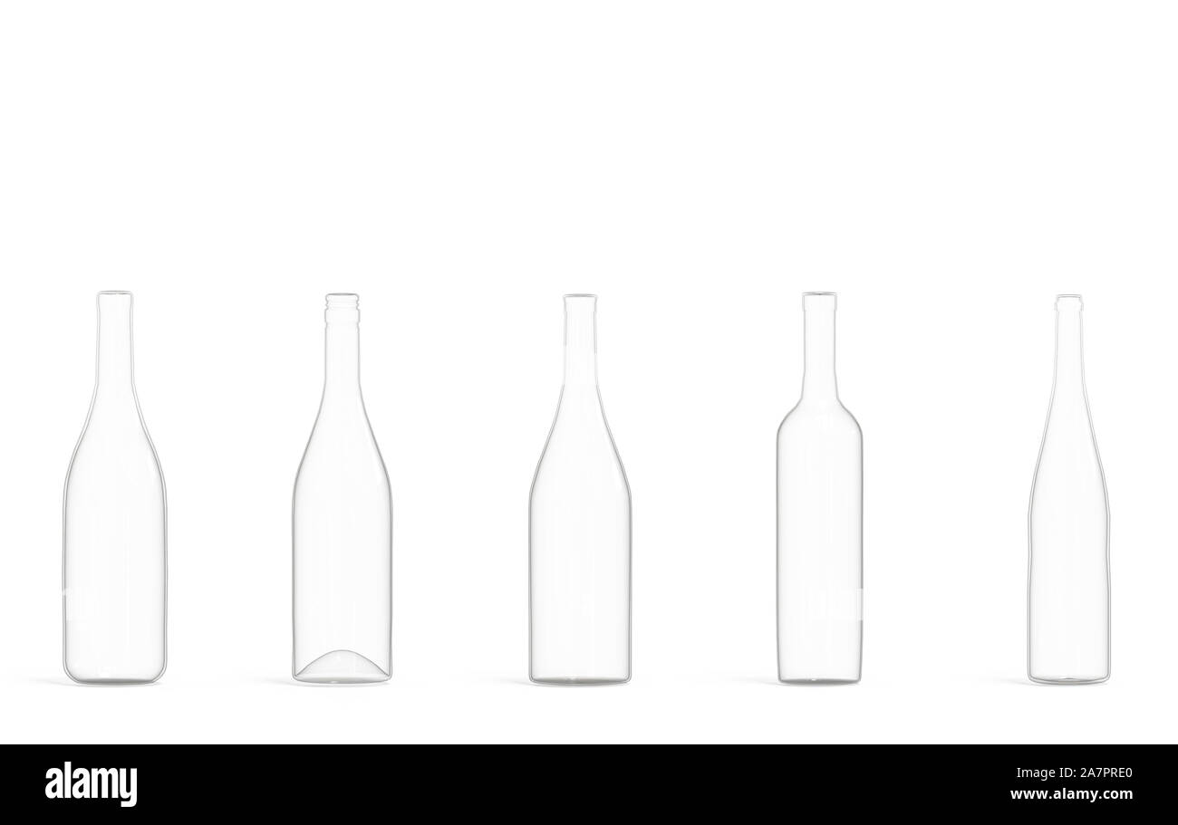 Il rendering 3d. vuoto vino trasparente bottiglia di vetro su sfondo bianco. Foto Stock