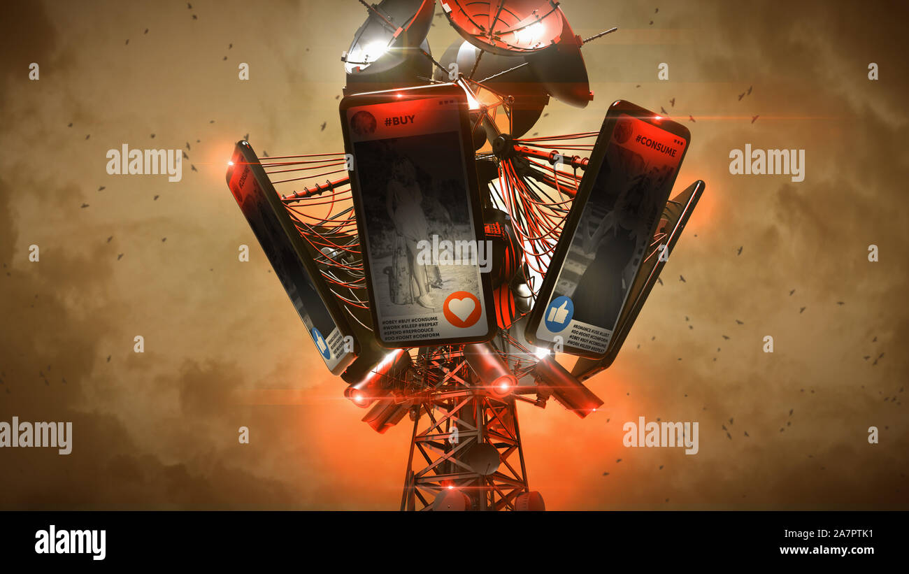 Il futuro dei social media con enormi schermi di smartphone con pulsanti simili come una metafora per persone che cercano attenzione come ama, i tweet e condivide caus Foto Stock