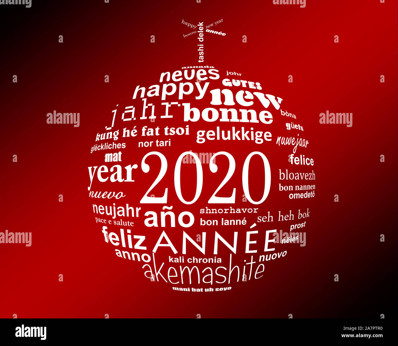 2020 anno nuovo il bianco e il rosso il testo multilingue word cloud biglietto di auguri a forma di palla di Natale Foto Stock