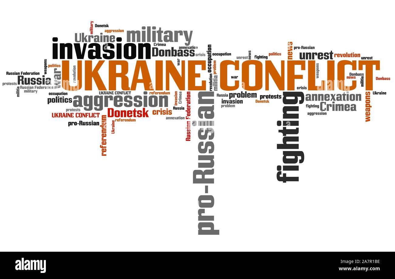 L'Ucraina conflitto - parole chiave per pro-russo disordini in Ucraina. Parola concetto di cloud computing. Foto Stock