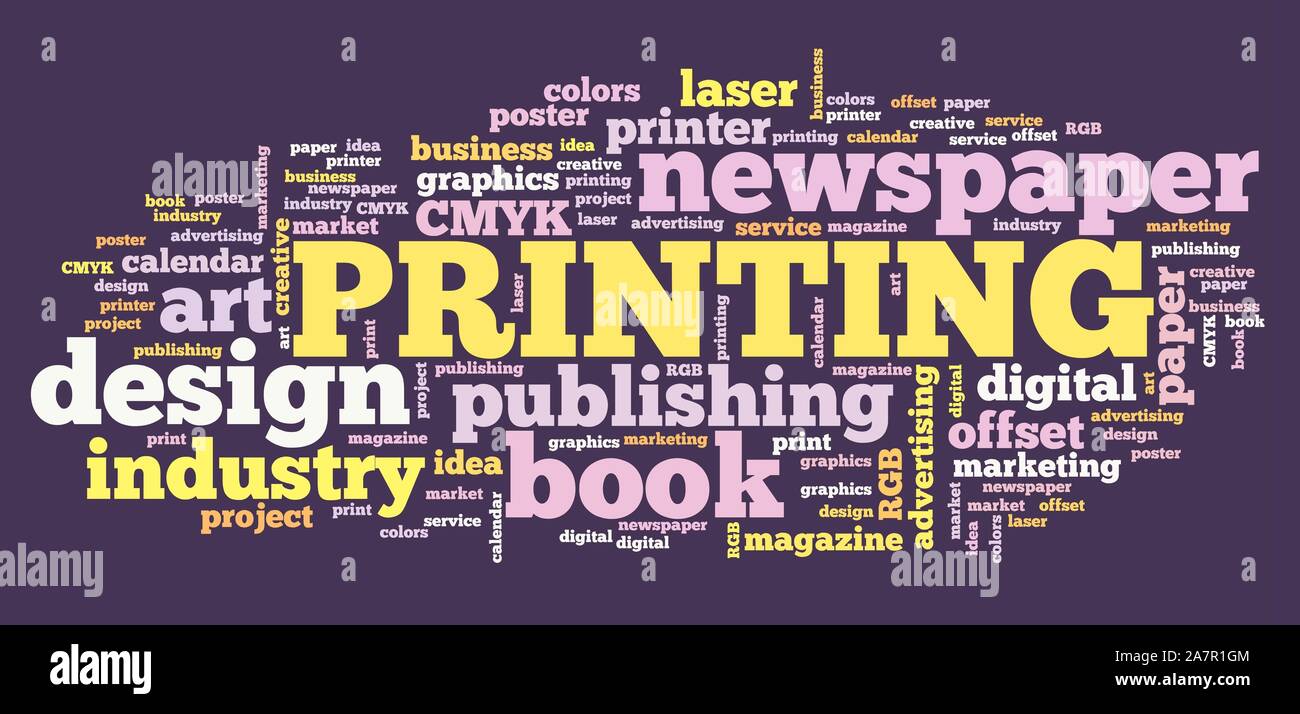 Industria della stampa di segno di testo - libro giornale e stampa parola business cloud. Foto Stock