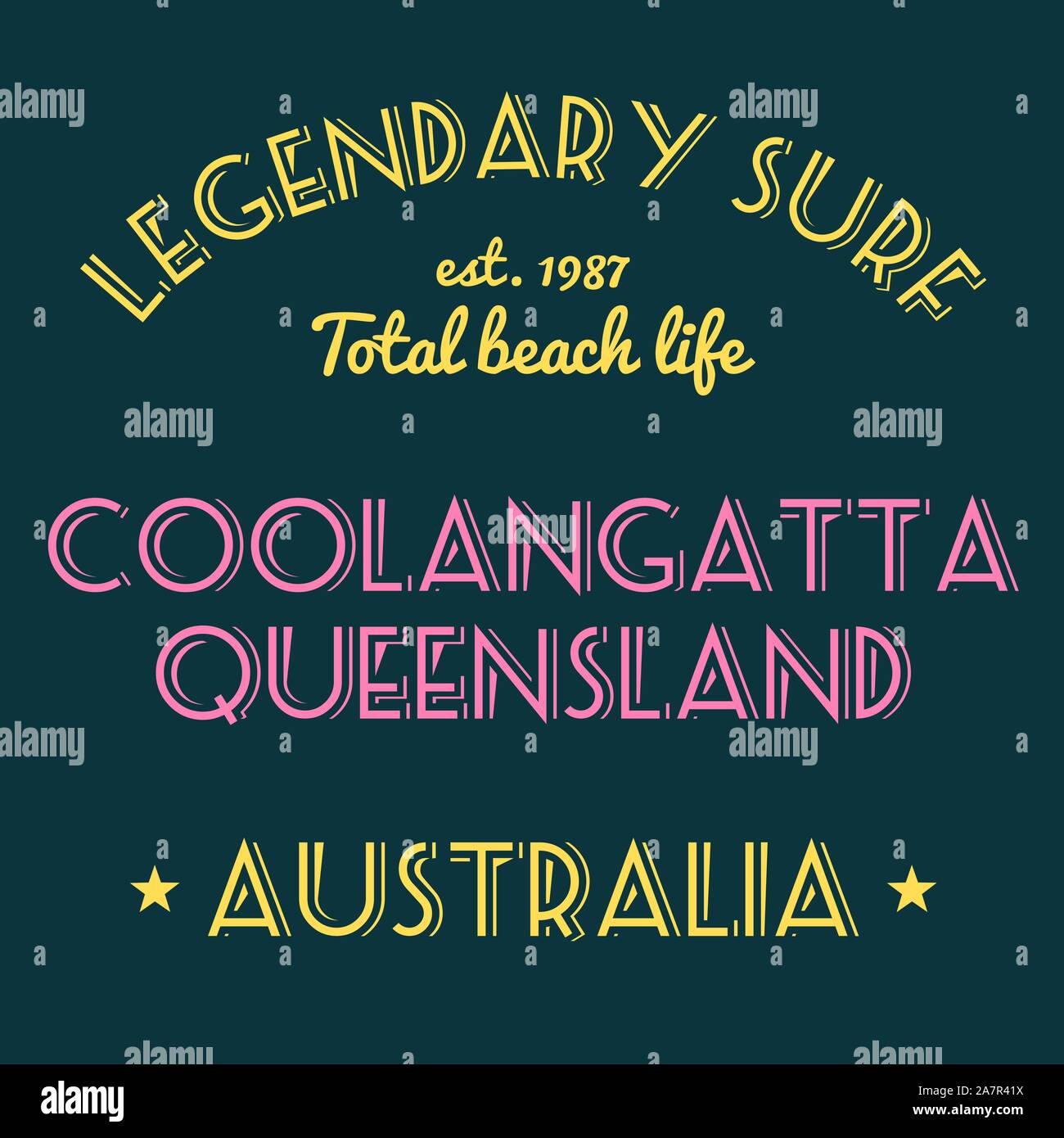 T-shirt design stampa vettore. Navigare in tipografia tshirt progetto. Il leggendario surf - Coolangatta, Queensland, Australia. Illustrazione Vettoriale
