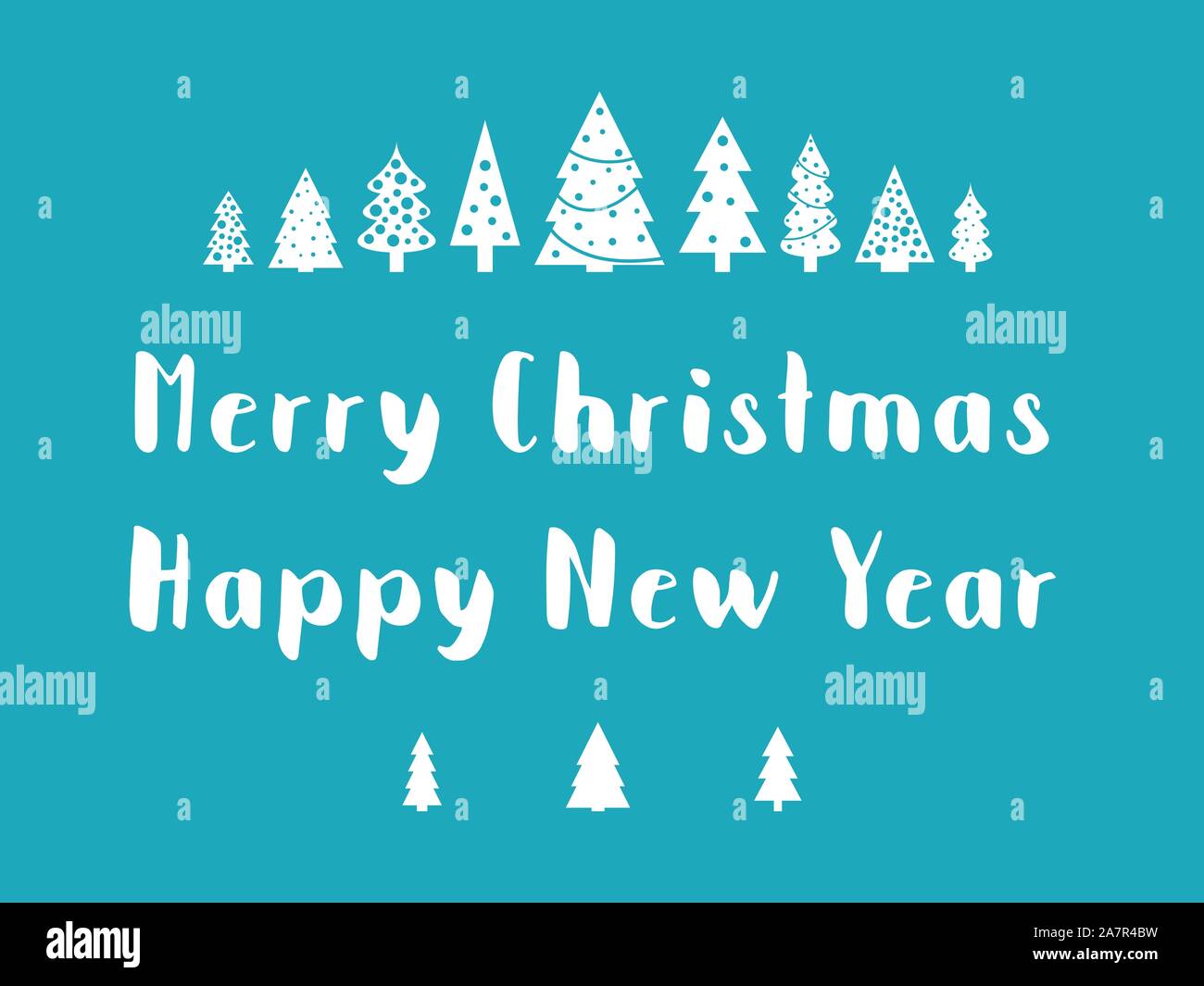 Merry Christmas testo con piccoli alberi di Natale. Biglietto di auguri vettore. Bianco e blu. Illustrazione Vettoriale