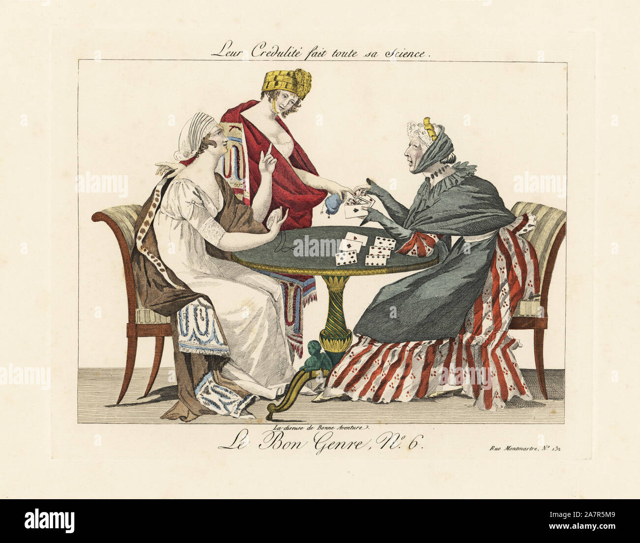 La loro credulità è la sua unica scienza. Una fortuna Teller legge le carte per due credulone merveilleuses in scialli e turbanti. 'I deboli minded consultare questa donna, il cui unico segreto è che ha li ha convinti che lei sa tutto.' Handcolored incisione da Pierre de la Mesangere's Le Bon Genere, Paris, 1817. Foto Stock