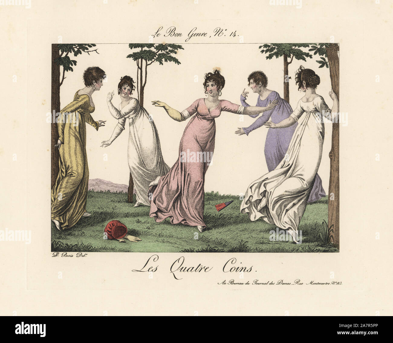 I quattro angoli gioco di tag. Cinque merveilleuses in abiti di mussola di fare il gioco dei quattro angoli, di una versione di etichetta. Illustrazione di Dominique Bosio. Handcolored incisione da Pierre de la Mesangere's Le Bon Genere, Paris, 1817. Foto Stock