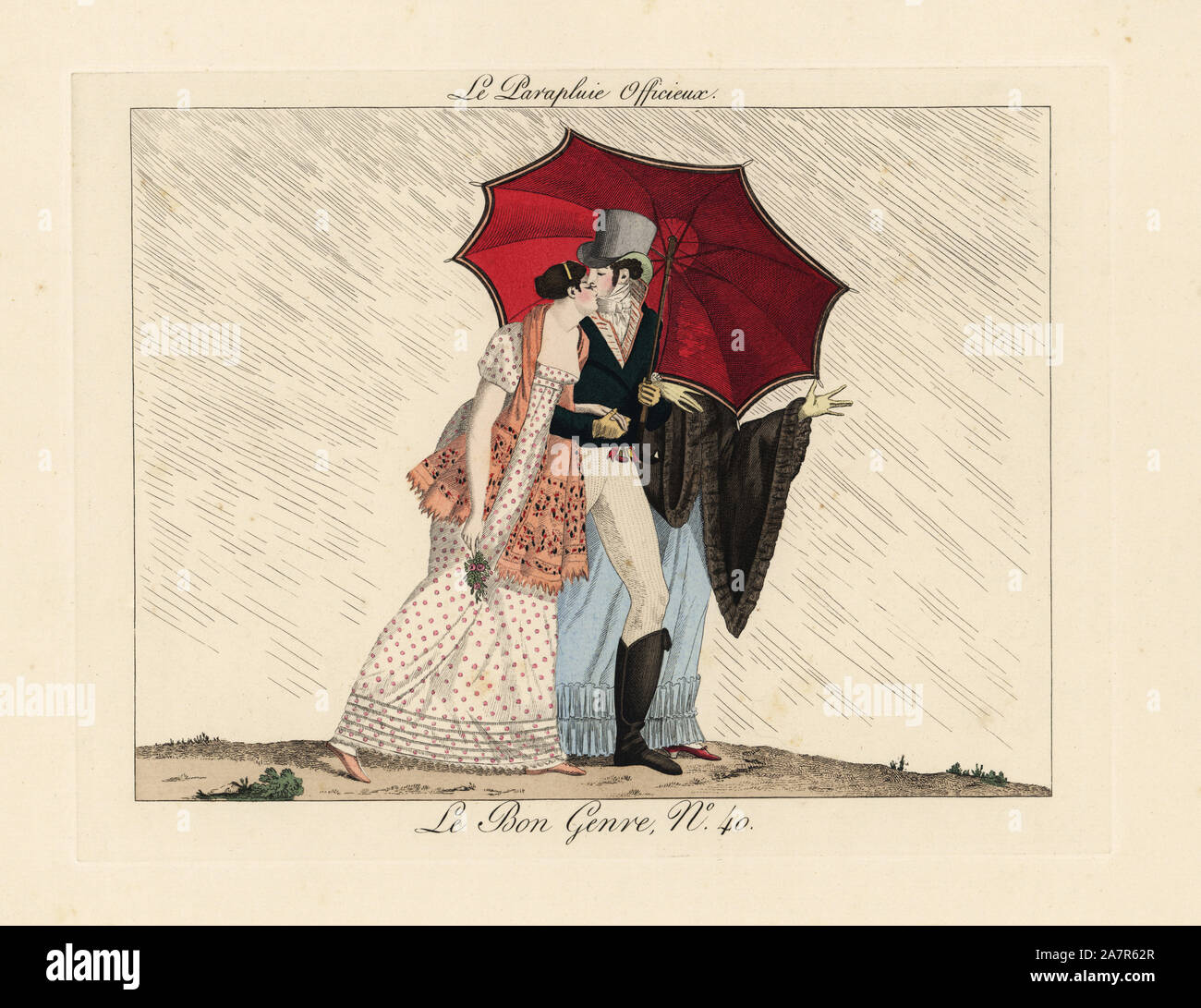 L'ombrello informale. Un gentleman afferra la mano di una giovane donna e bacia il, mentre usando il suo ombrello per evitare che la zia e da chaperone di vederlo. Handcolored incisione da Pierre de la Mesangere's Le Bon Genere, Paris, 1817. Foto Stock