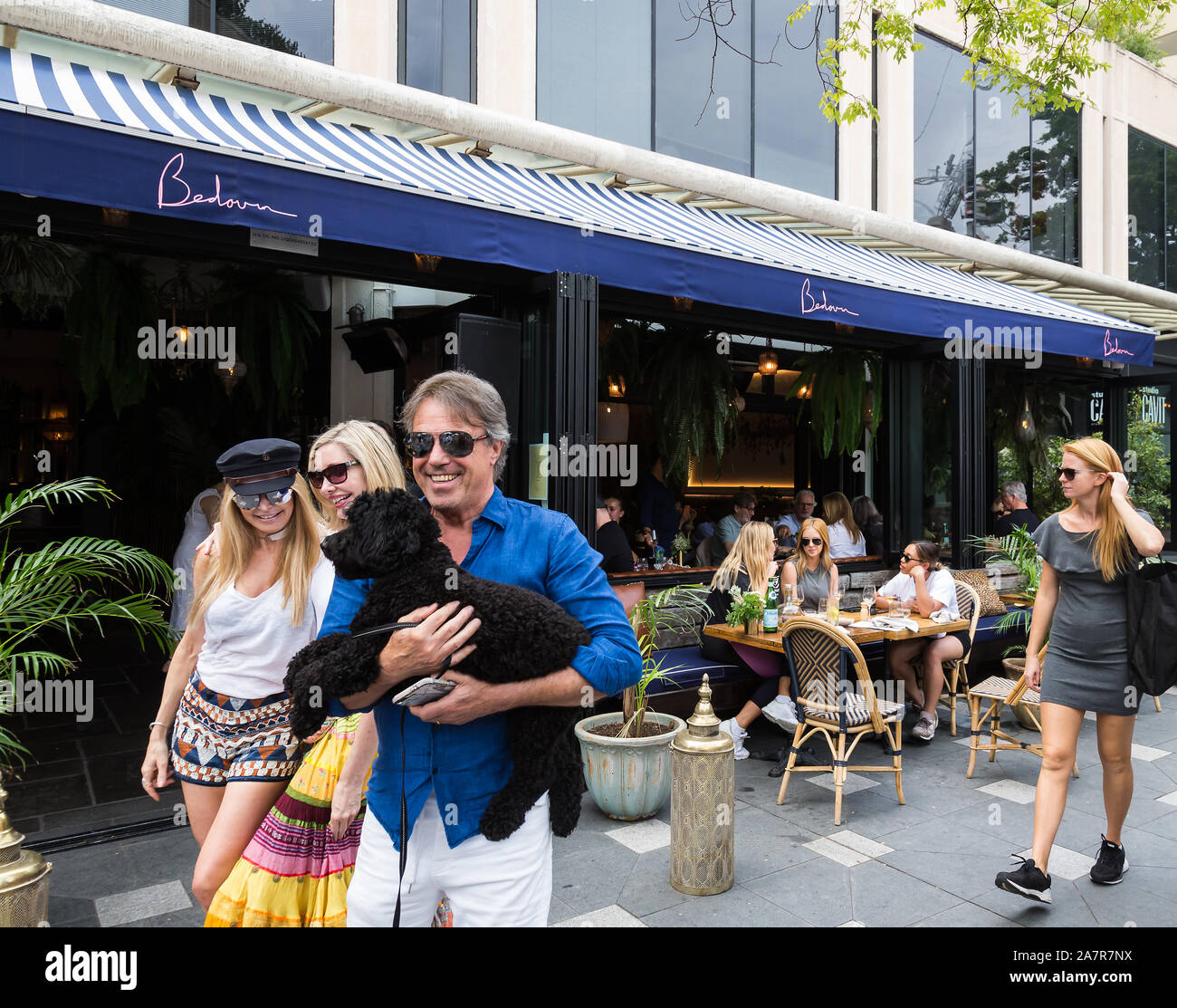 Double Bay Street Festival, Sydney, Australia. Per coloro che godono di un'atmosfera di Double Bay street festival al di fuori di un ristorante comprendente un cane. Foto Stock