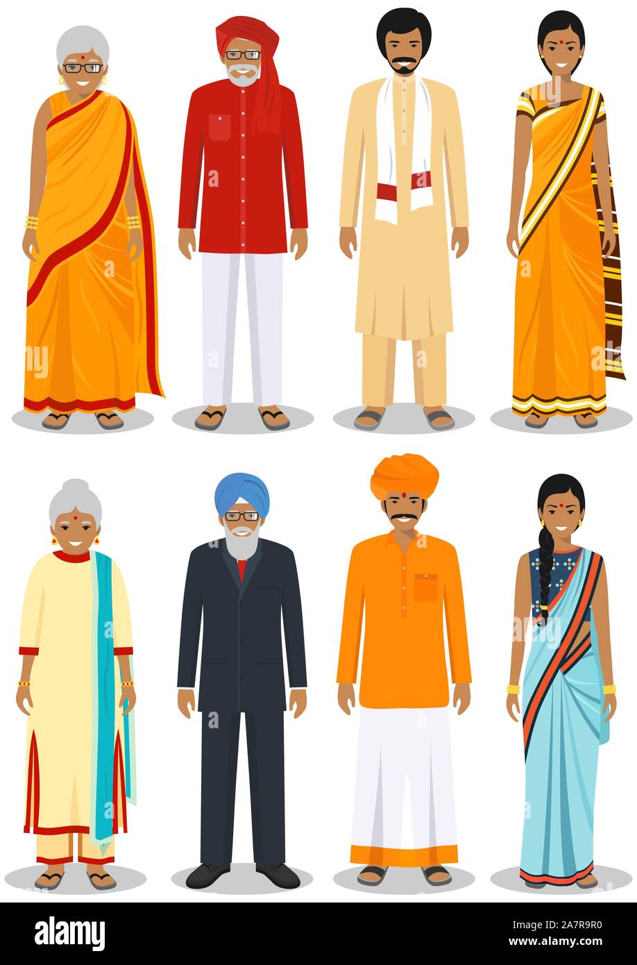 Insieme di diversi piedi vecchio indiano di persone in abiti tradizionali isolati su sfondo bianco in stile appartamento. Senior delle differenze tra uomini e donne Illustrazione Vettoriale