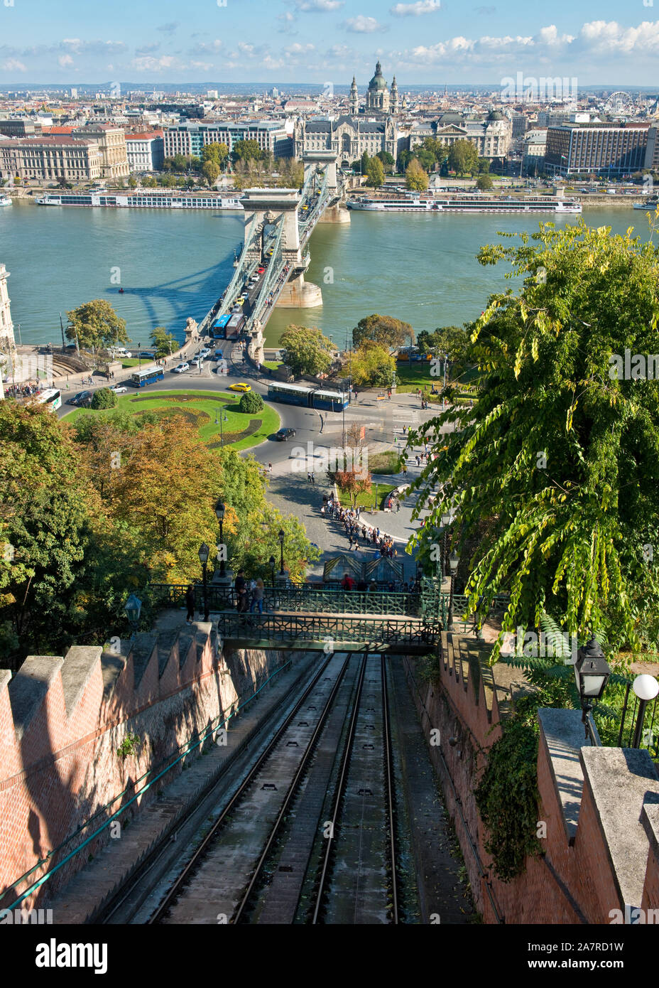 Funicolare Castle Hill di Budapest e ferroviarie Széchenyi Chain Bridge Foto Stock