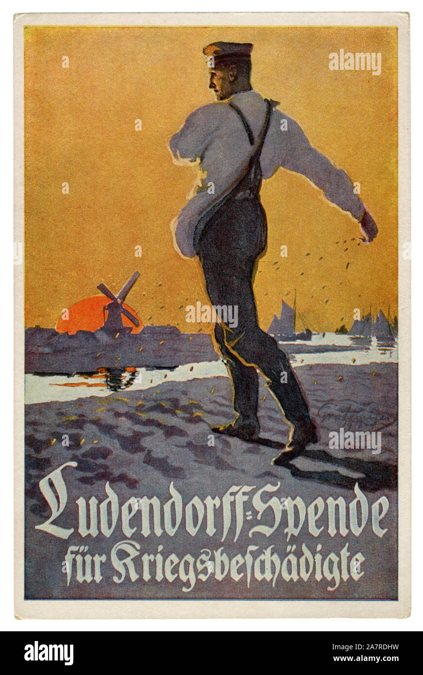 German Historical cartolina: soldato getta il seme sul campo. Il tramonto. Ludendorff donazione per le vittime della guerra, la prima guerra mondiale 1918. Germania Foto Stock