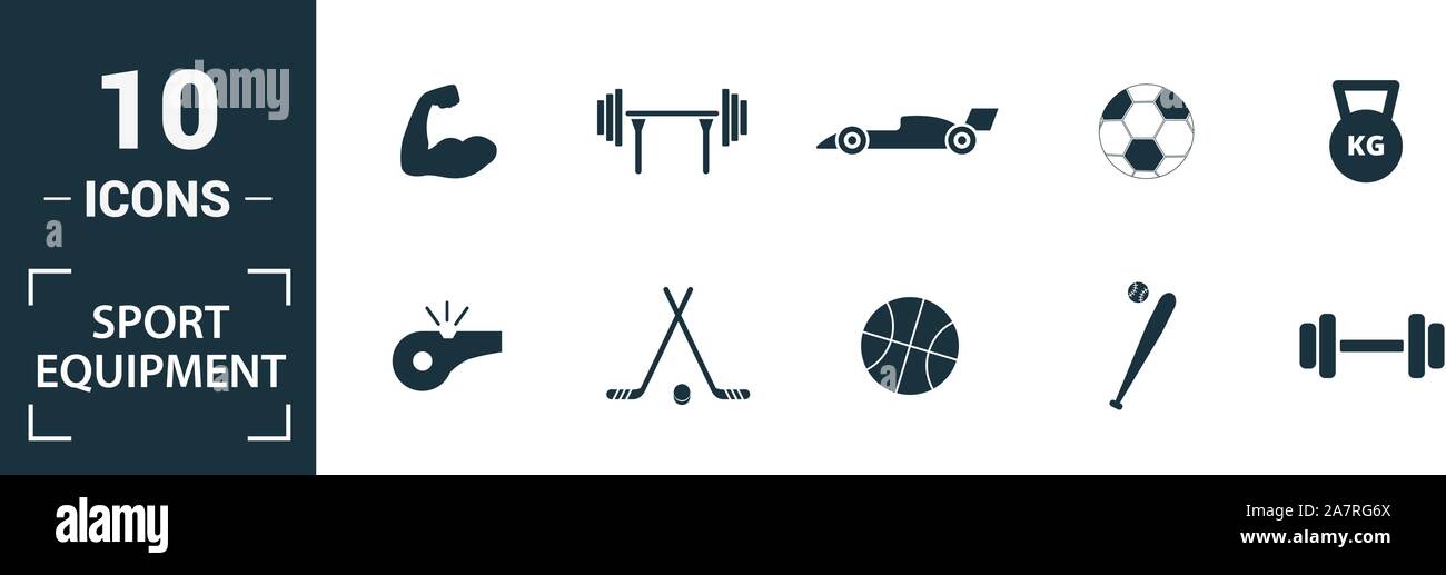 Attrezzature sportive icon set. Includere elementi creativi manubri, calcio, baseball, hockey, cyclette icone. Può essere utilizzato per il report Illustrazione Vettoriale