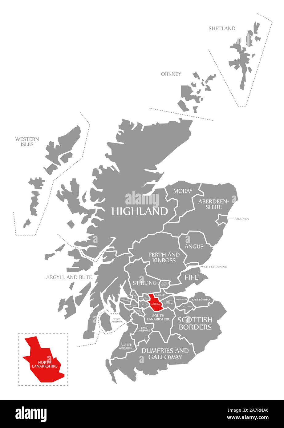 North Lanarkshire evidenziata in rosso nella mappa della Scozia UK Foto Stock