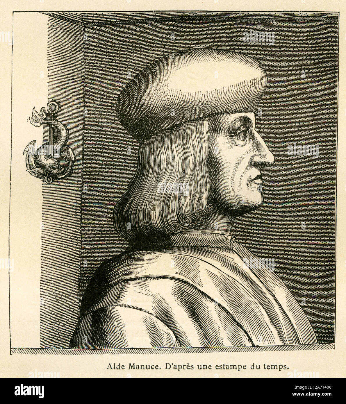 Europa, Italien, Venedig, Aldus Manutius, venezianischer Buchdrucker, Porträt, Motiv aus : ' 'L'Ancienne Francia , Le Livre ' , par M. P. Louisy , Verlag : ' Librairie de Firmin - Didot et Cie ' , Parigi, 1887 . / Europa, Italia e Venezia, Aldus Manutius, libro stampante da Venezia , ritratto, immagine da : ' L'Ancienne Francia , Le Livre ' , par M. P. Louisy, casa editrice : Librairie de Firmin-Didot et Cie ' , Parigi, 1887 . Foto Stock