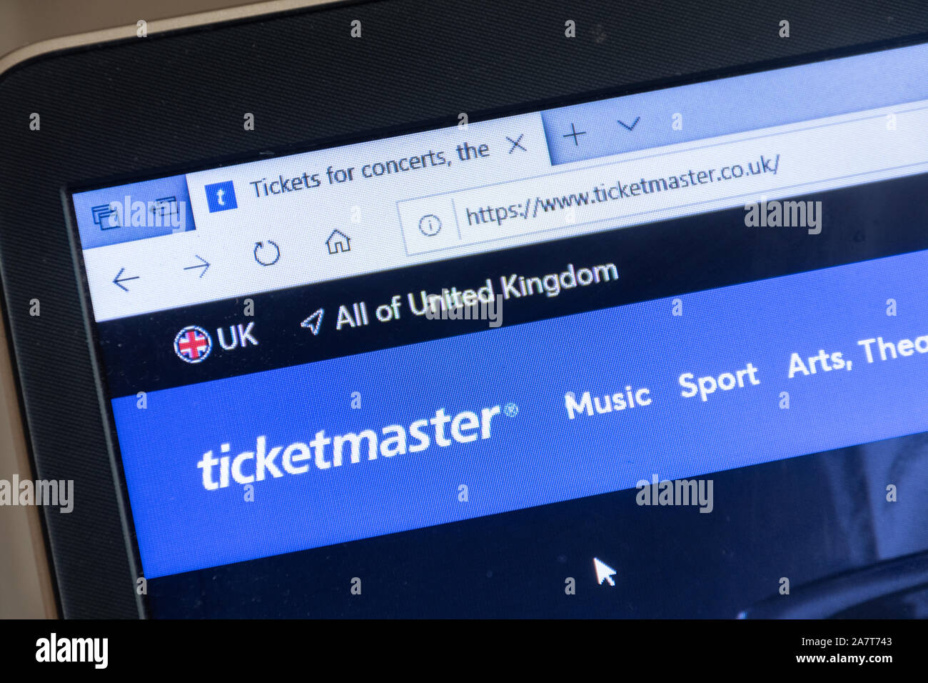 Ticketmaster sito web su un computer portatile la vendita di biglietti per eventi di intrattenimento Foto Stock