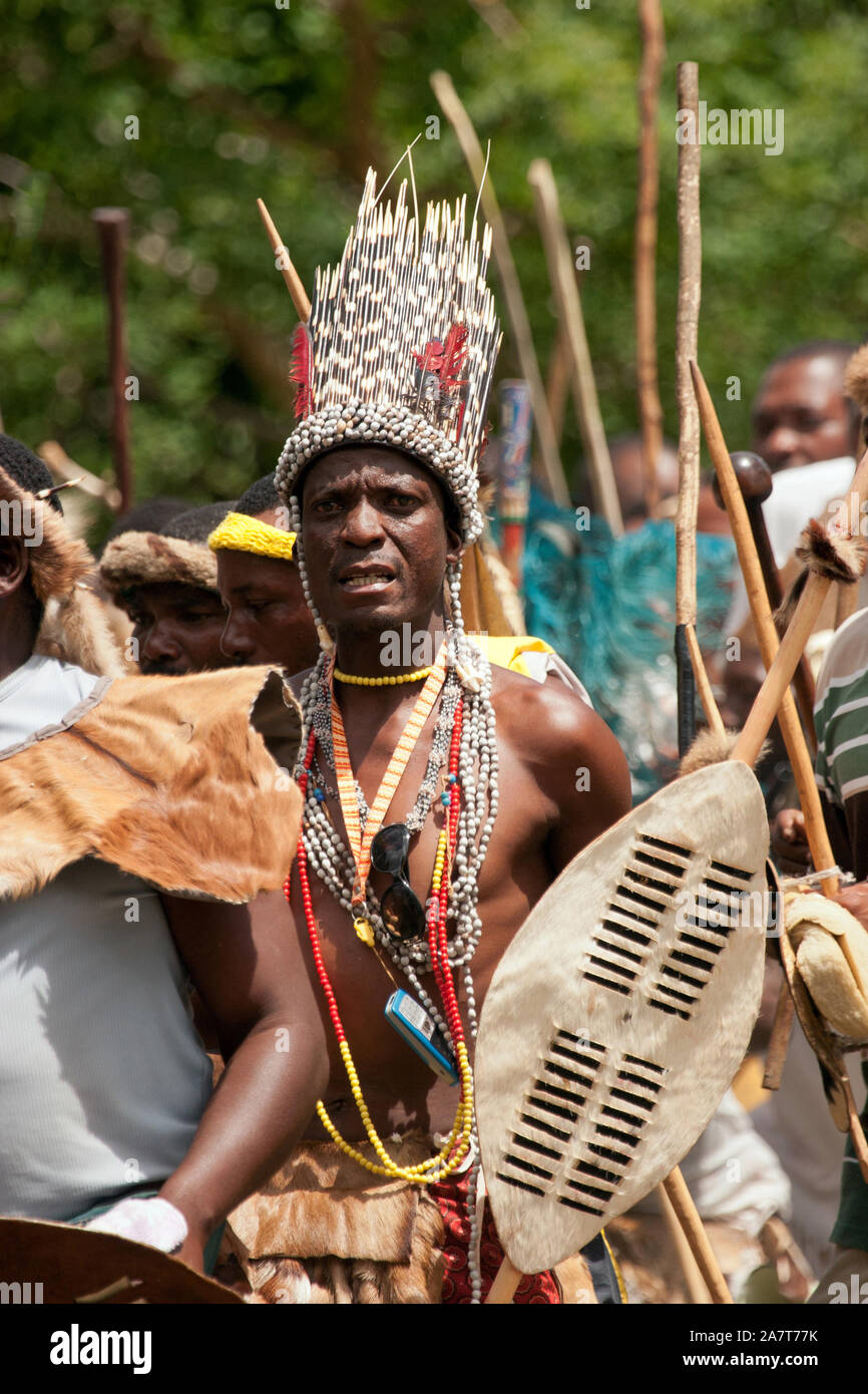Un uomo Zulu in tradizionale Zulu vestito con una testiera in di porcupine quills e piume rosso dal's Turaco bird ((iGwalagwala). Foto Stock