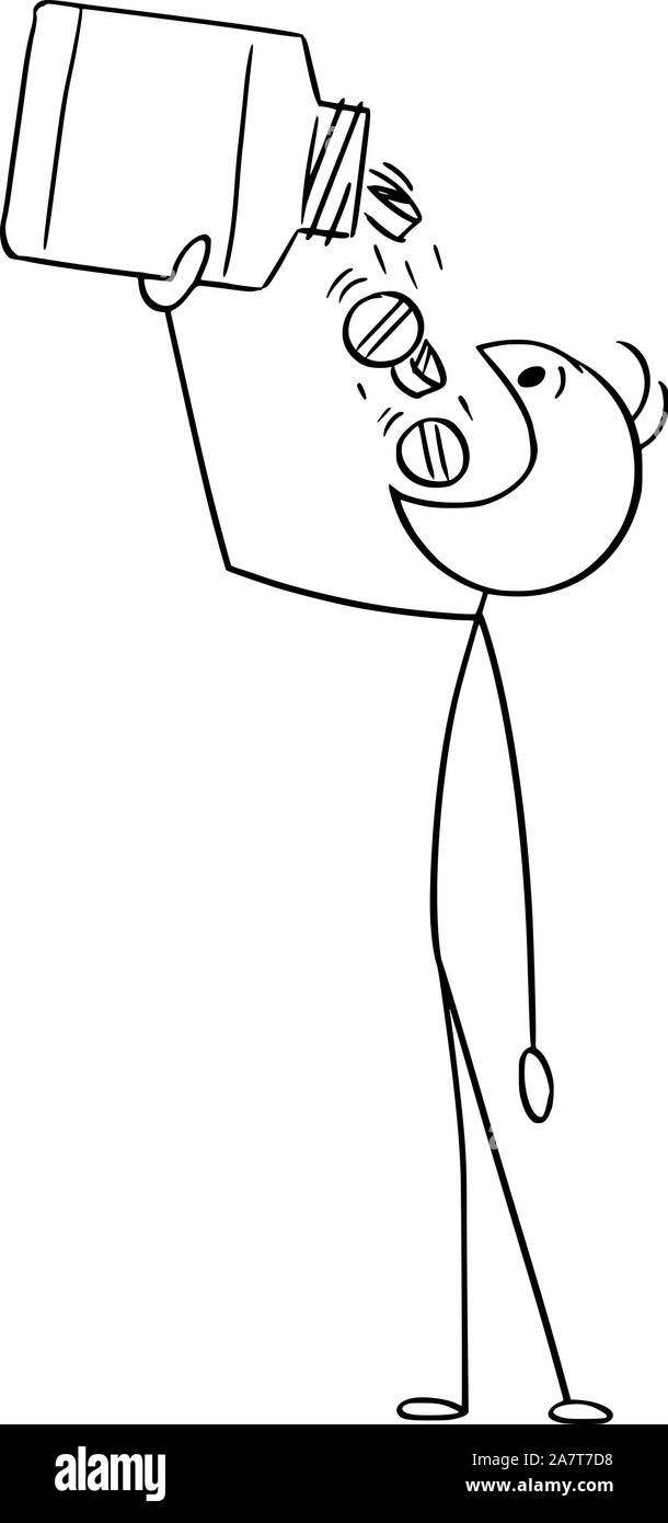 Vector cartoon stick figura disegno illustrazione concettuale dell'uomo prendendo una grande quantità di pillole medicinali dalla dose. Concetto di abuso di droga. Illustrazione Vettoriale