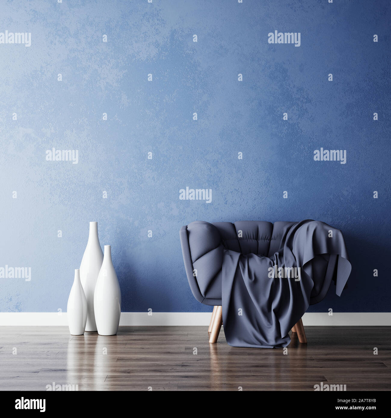 Sedia blu e bianco vasi nella nuova semplice soggiorno. 3D rendering immagine Foto Stock
