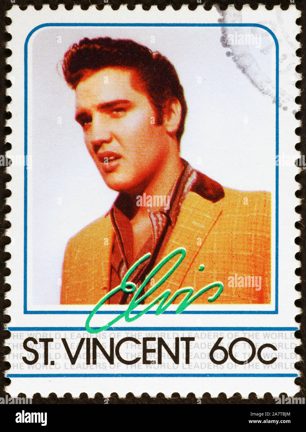 Ritratto di Elvis Presley sul francobollo di Saint Vincent Foto Stock