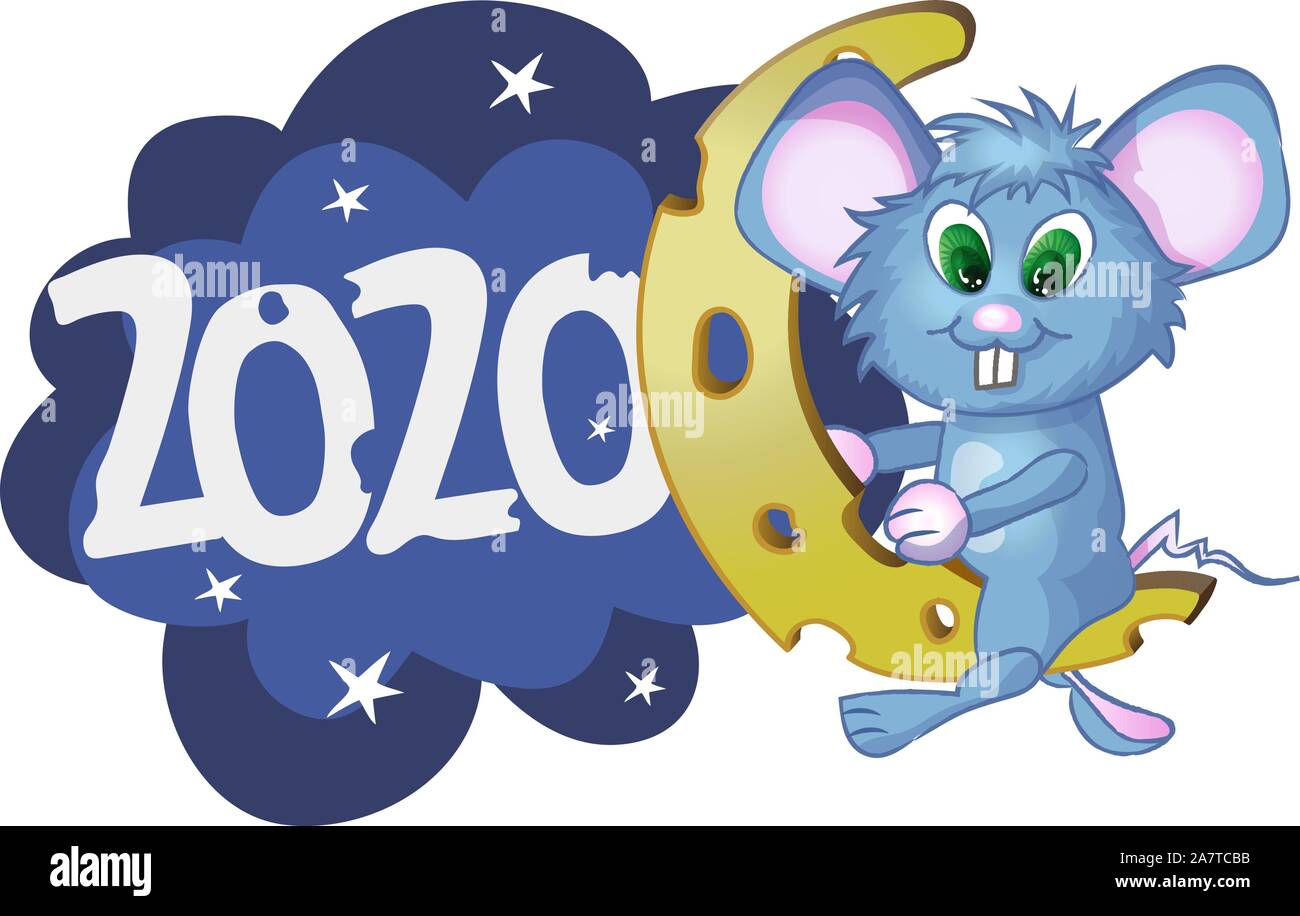Carino mouse cartoon seduto su un pezzo di formaggio. Illustrazione vettoriale con gradienti semplici. Illustrazione Vettoriale