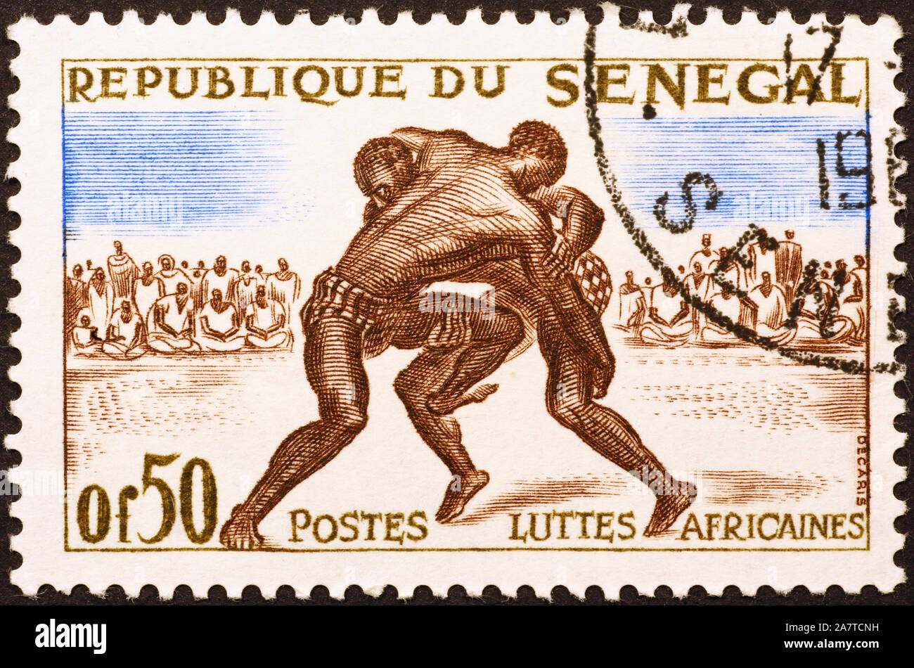 Lottatori africana sul vecchio francobollo del Senegal Foto Stock
