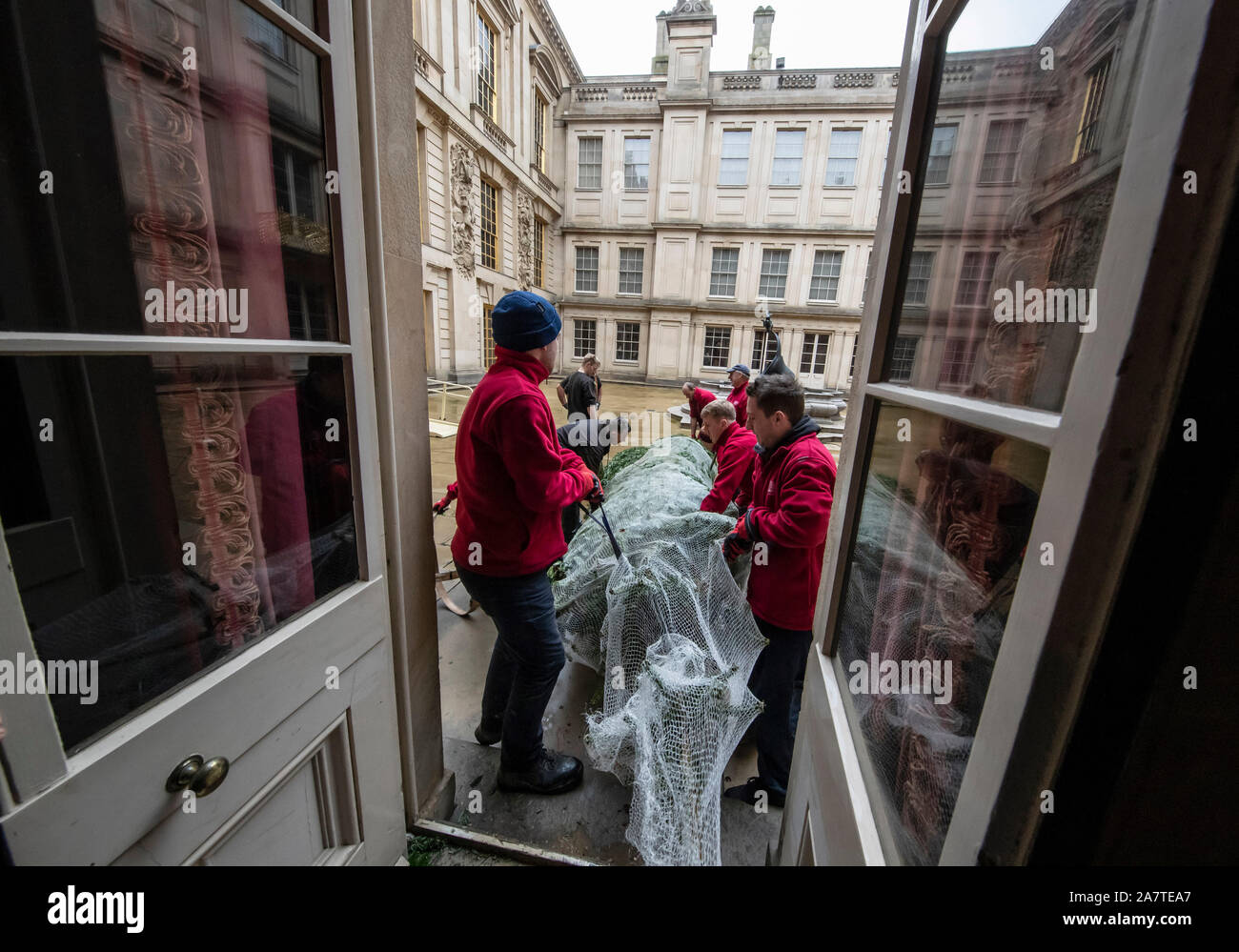 Un alberi di Natale viene spostato come quattordici alberi di Natale, fino a 24 piedi di altezza, arrivano a Chatsworth House, vicino a Bakewell, Derbyshire, per impostazione intorno alla maestosa casa prima della stagione di Natale apertura al pubblico sabato. Foto Stock