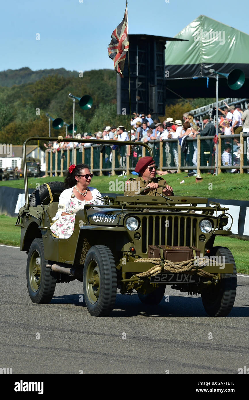 Jeep Willys, D-Day commemorazione, settantacinquesimo anniversario dello sbarco in Normandia, seconda guerra mondiale, veicoli militari, Goodwood 2019, Settembre 201 Foto Stock
