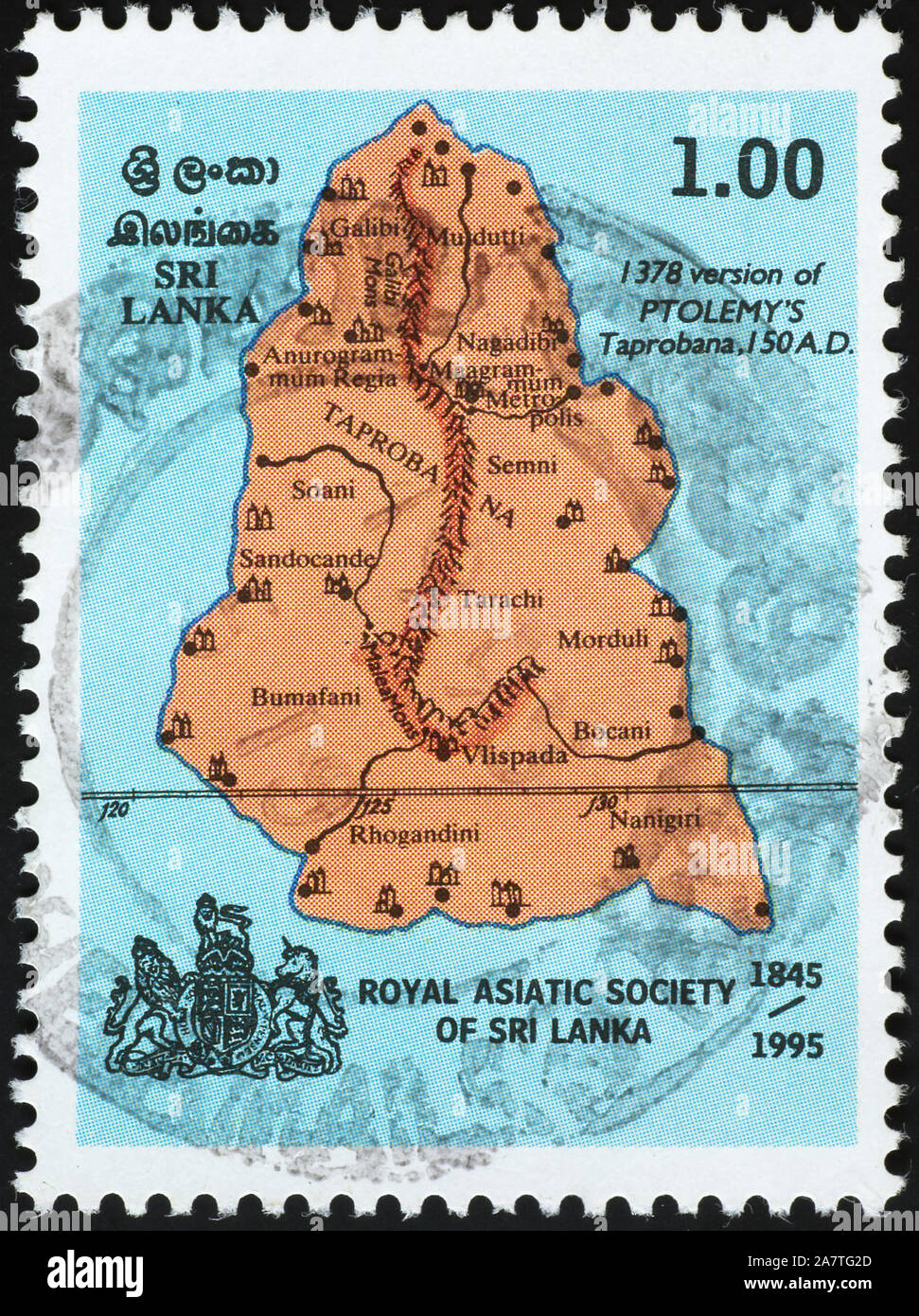 Mappa approssimativa dello Sri Lanka sul francobollo Foto Stock