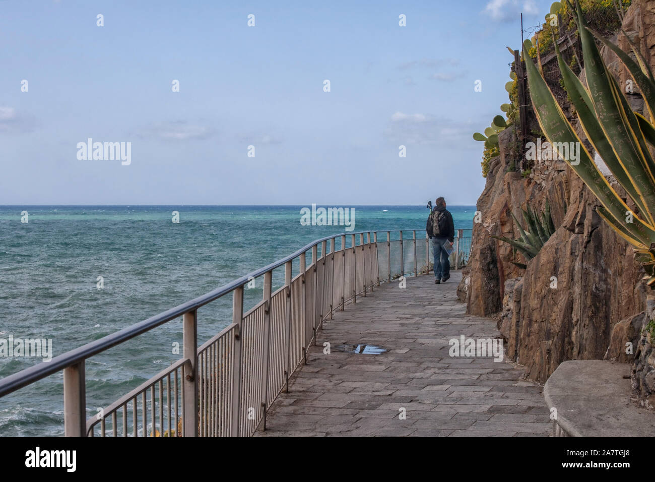 Uomo che cammina sulla strada tra le frazioni di Cinque Terre, Italia Foto Stock