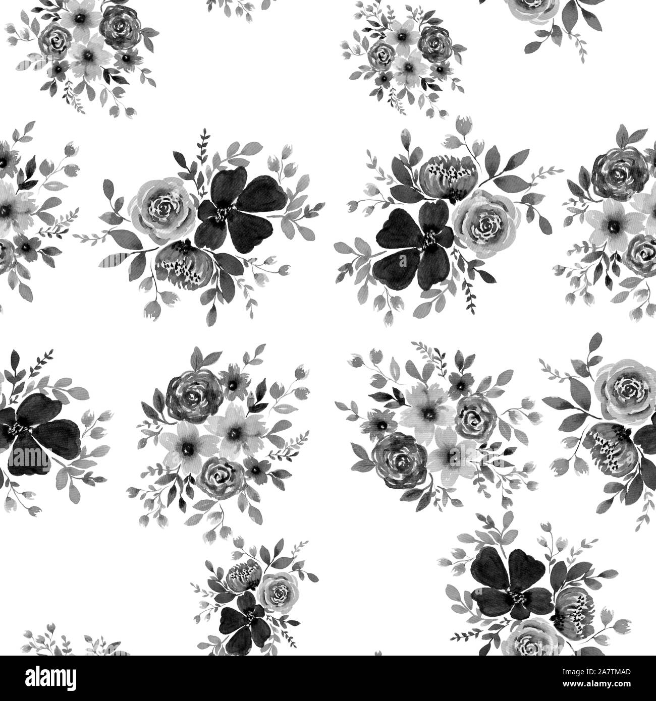 Set di design floreale elementi, seamless schema di ripetizione di bianco e nero con bouquet di fiori isolati su bianco, monocromatico composizione floreale Foto Stock