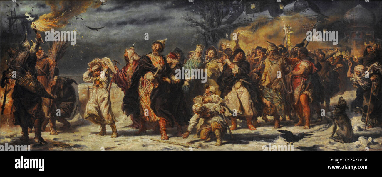 Ivan il Terribile (1530-1584). Lo Zar di Russia. Dipinto di Jan Matejko (1838-1893), 1875. Il dipinto raffigura la processione della morte di boyard Mikhail Yakovlevich Morozov con il Tsar davanti. Xix secolo il polacco galleria d'Arte (Museo Sukiennice). Museo Nazionale di Cracovia. La Polonia. Foto Stock