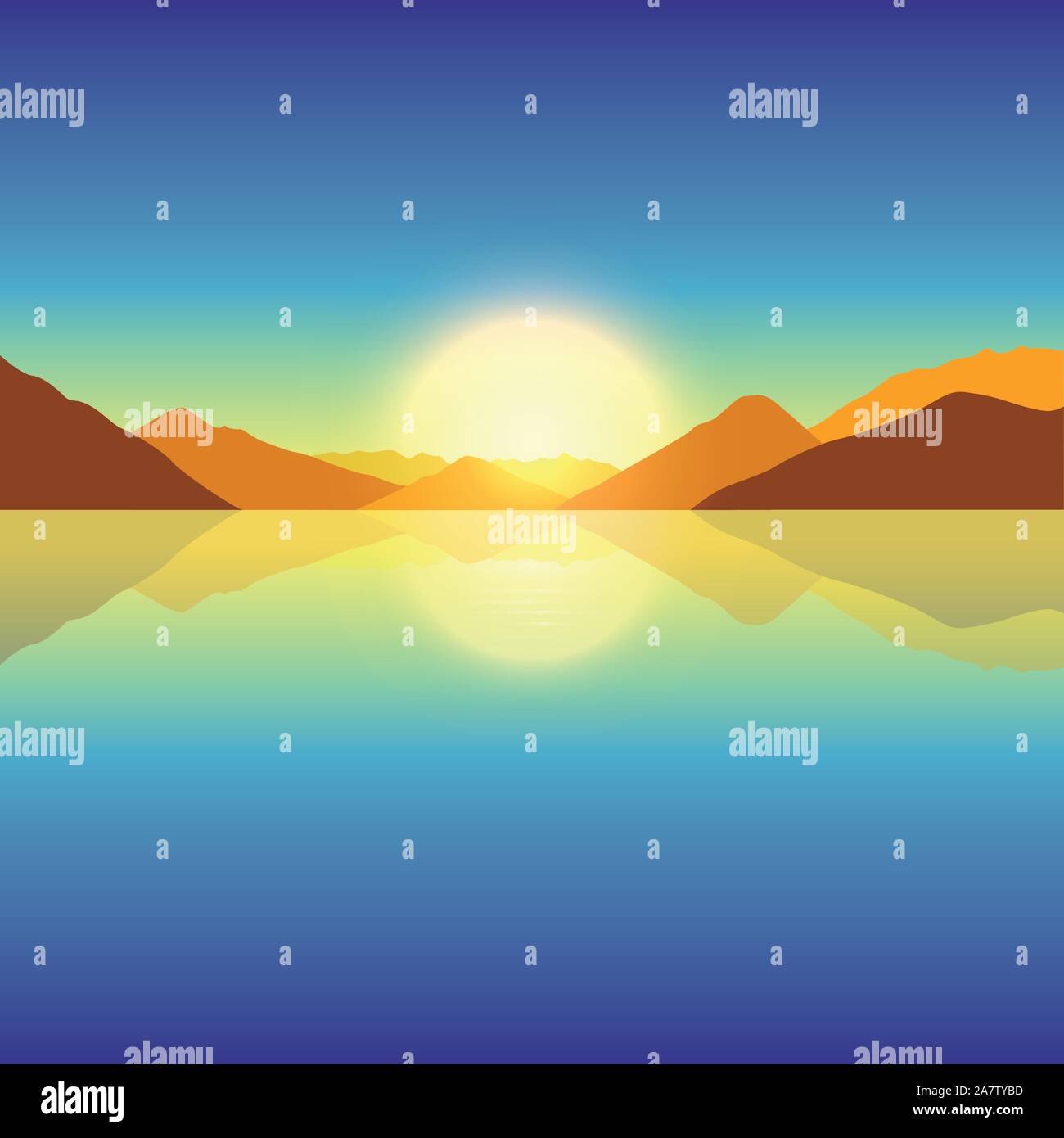 Romantico tramonto sulla montagna di autunno e oceano paesaggio illustrazione vettoriale EPS10 Illustrazione Vettoriale