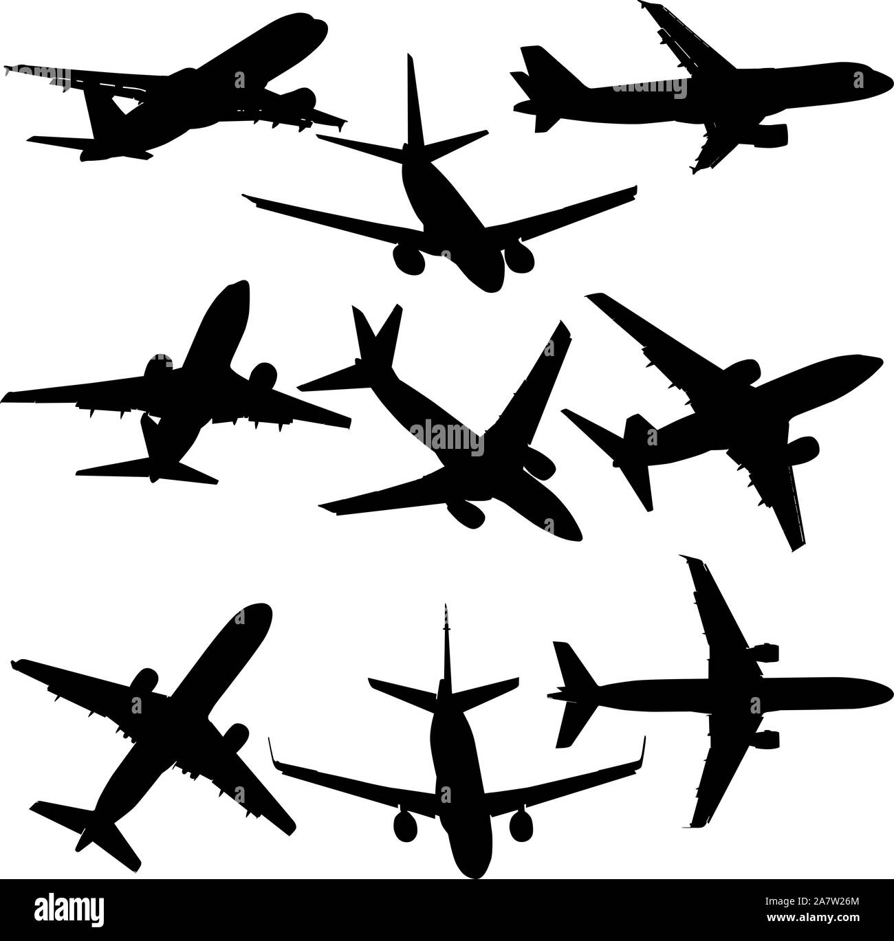Set di sagome di aerei di epoche differenti su uno sfondo bianco. Illustrazione Vettoriale