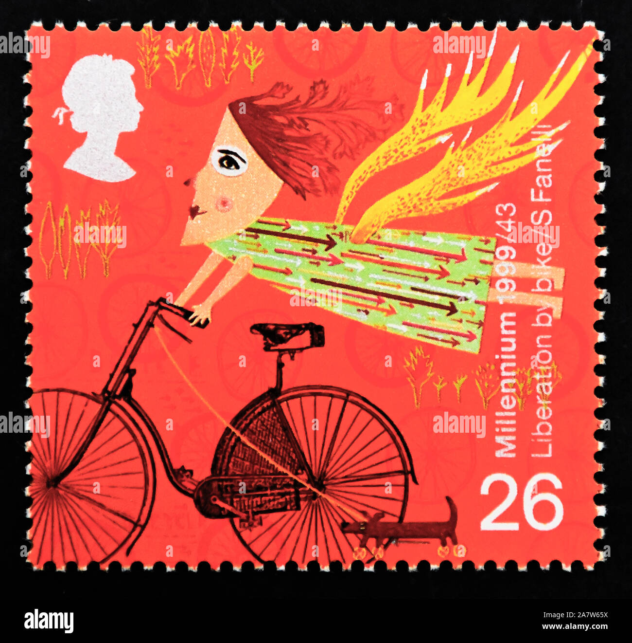 Francobollo. La Gran Bretagna. La regina Elisabetta II. Millennium serie.  Il Viaggiatore' racconto. Donna in bicicletta (sviluppo della bicicletta).  26p Foto stock - Alamy