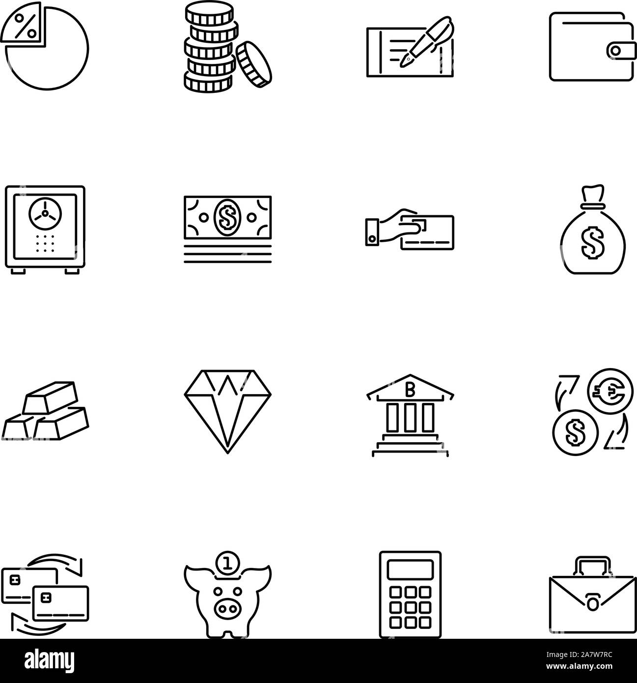 Banking, denaro contante outline set di icone - simbolo nero su sfondo bianco. Banking, denaro contante illustrazione semplice simbolo - rivestiti di semplicità di segno. Fl Illustrazione Vettoriale
