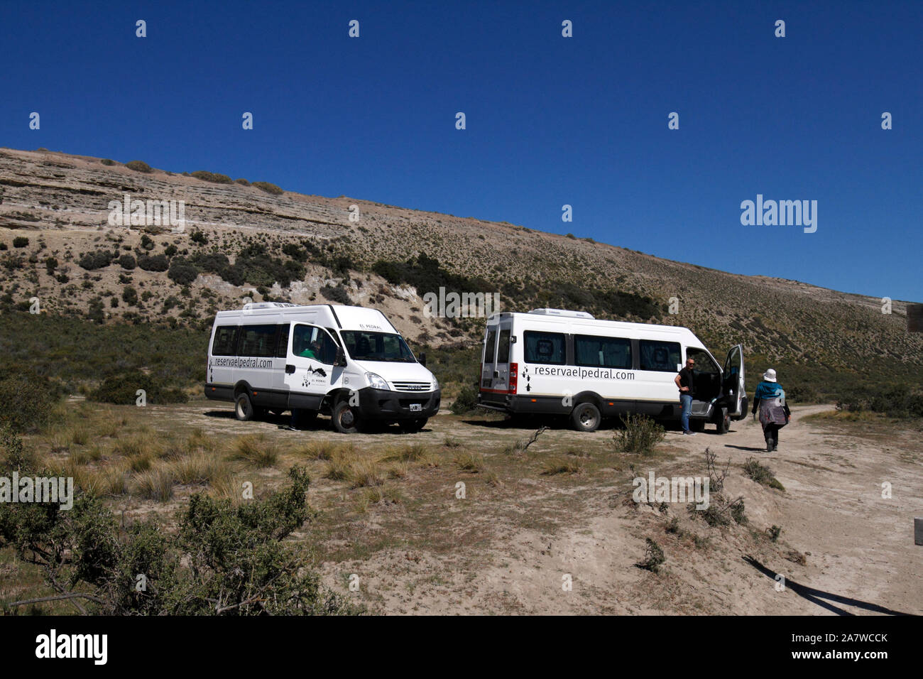 El Pedral trasporti minibus per il turista che viene a visitare la colonia di pinguini e riserva naturale. Chubut, Argentina, Patagonia. Foto Stock