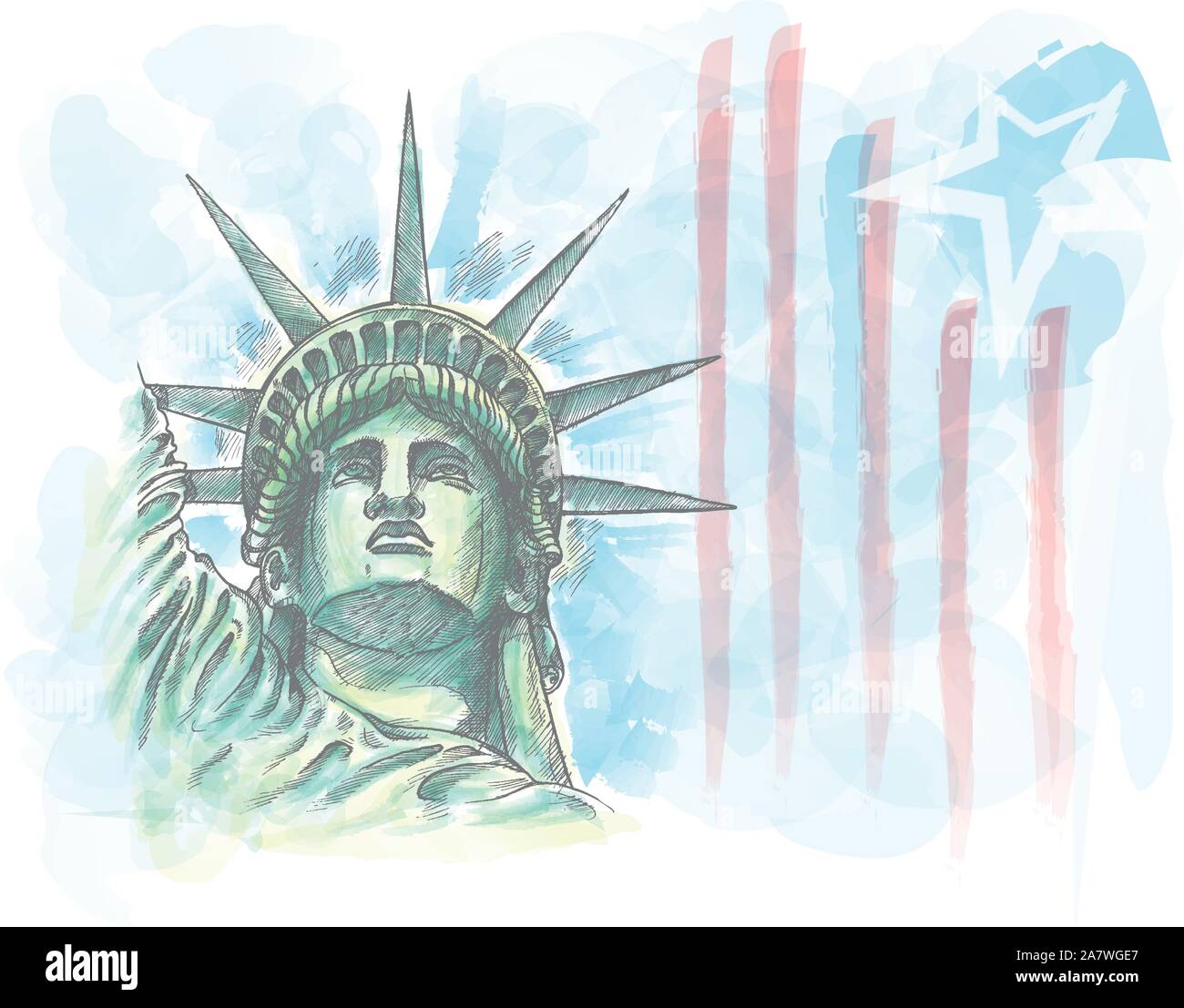 Disegno ad acquerello della statua della libertà faccia con bandiera Illustrazione Vettoriale