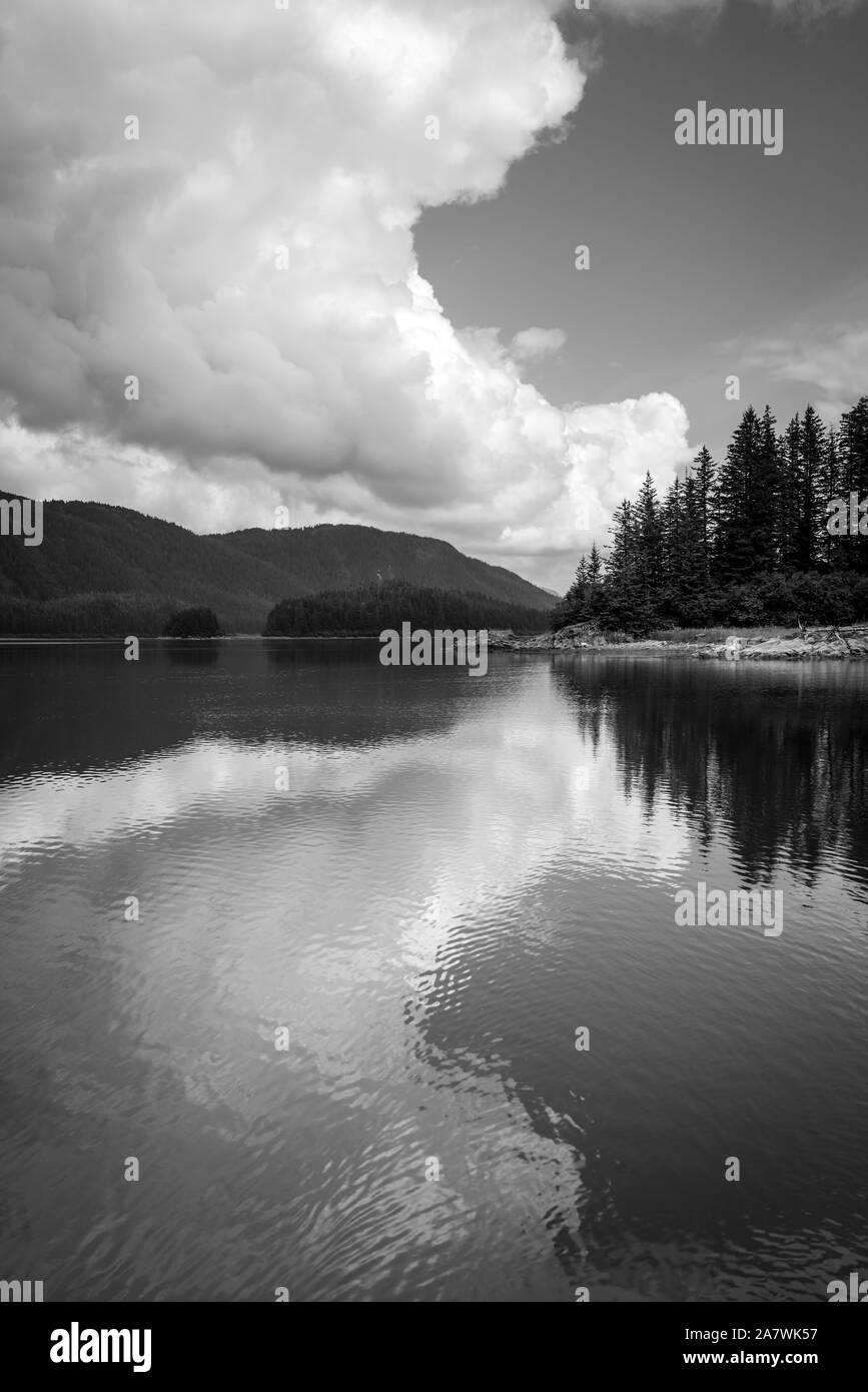 Cloud drammatico riflessa in acqua calma nel sud-est dell Alaska con un albero coperto isola in bianco e nero. Foto Stock