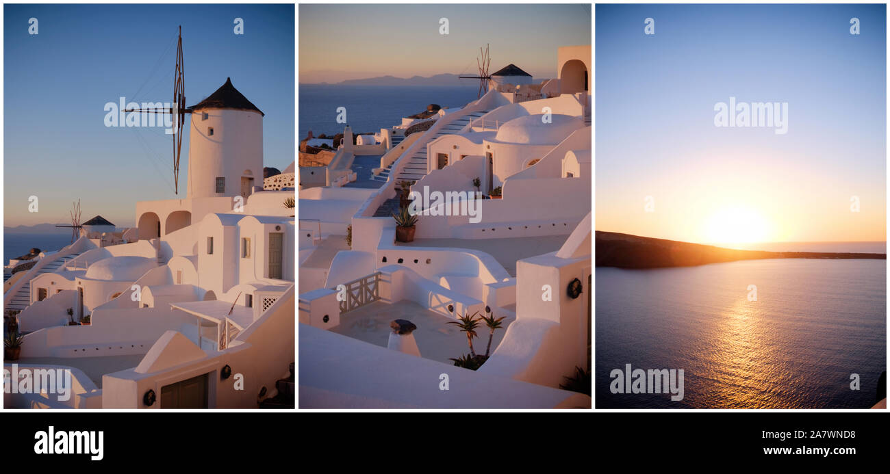 Bellissima isola di Santorini in Grecia, collage con tre close-up di appartamenti tradizionali e mulini a vento nel villaggio di Oia al tramonto. Foto Stock