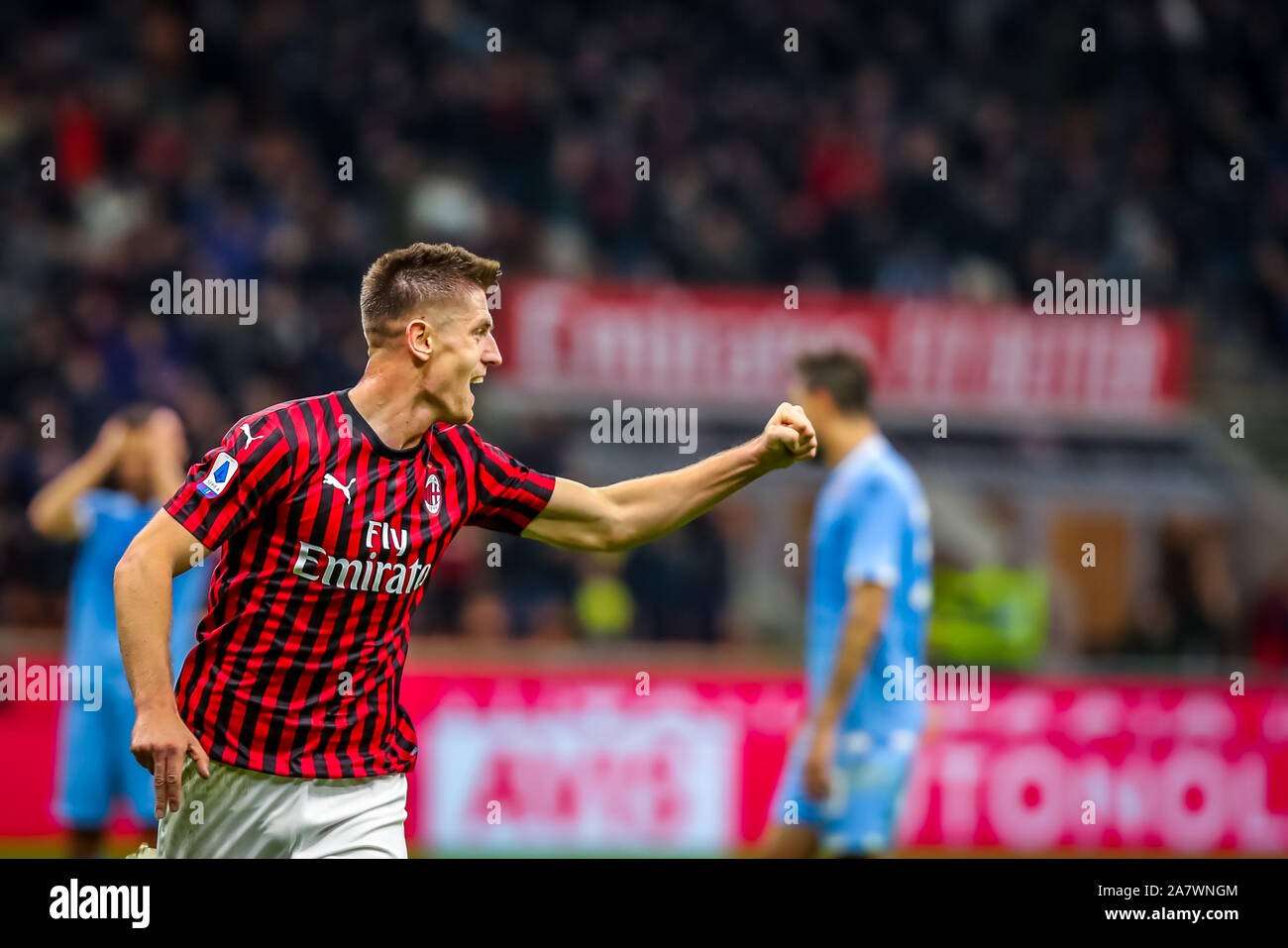 Obiettivo krzysztof piatek (Milan) durante l'AC Milan vs S.S. Lazio, Milano, Italia, 03 Nov 2019, Calcio Calcio italiano di Serie A del campionato Gli uomini Foto Stock