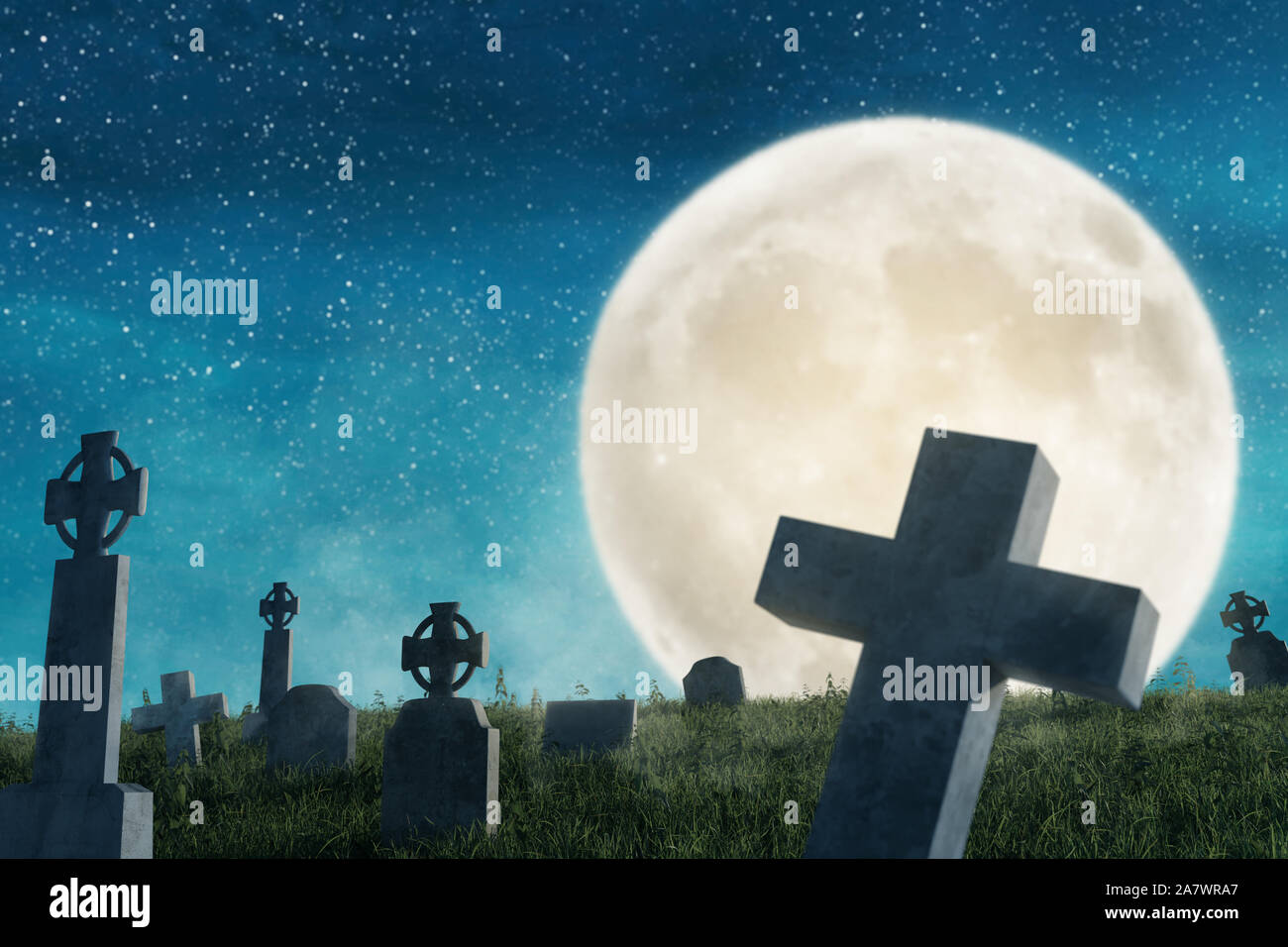 3D rendering del cimitero abbandonato pieno di vecchie lapidi nella luce della luna piena Foto Stock