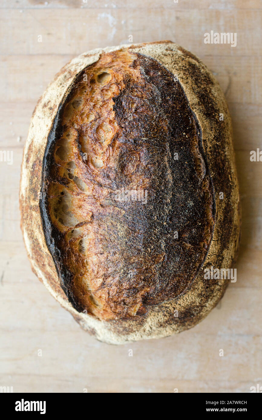 Vista ravvicinata di una golden pagnotta di pane su una infarinata bancone in legno Foto Stock