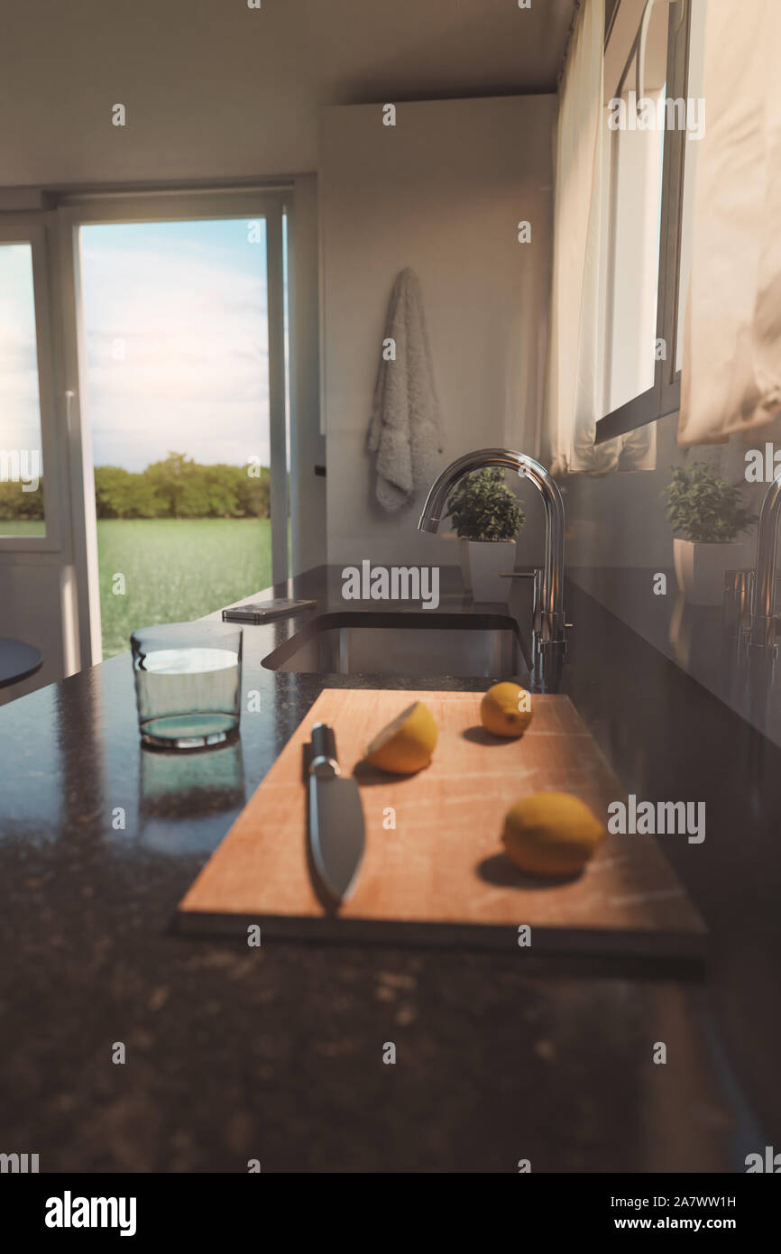 3D rendering di nera pietra naturale piano di lavoro della cucina moderna con limoni e coltello sulla tavola di legno Foto Stock