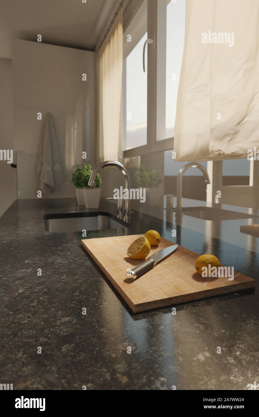 3D rendering di nera pietra naturale piano di lavoro della cucina moderna con limoni e coltello sulla tavola di legno Foto Stock