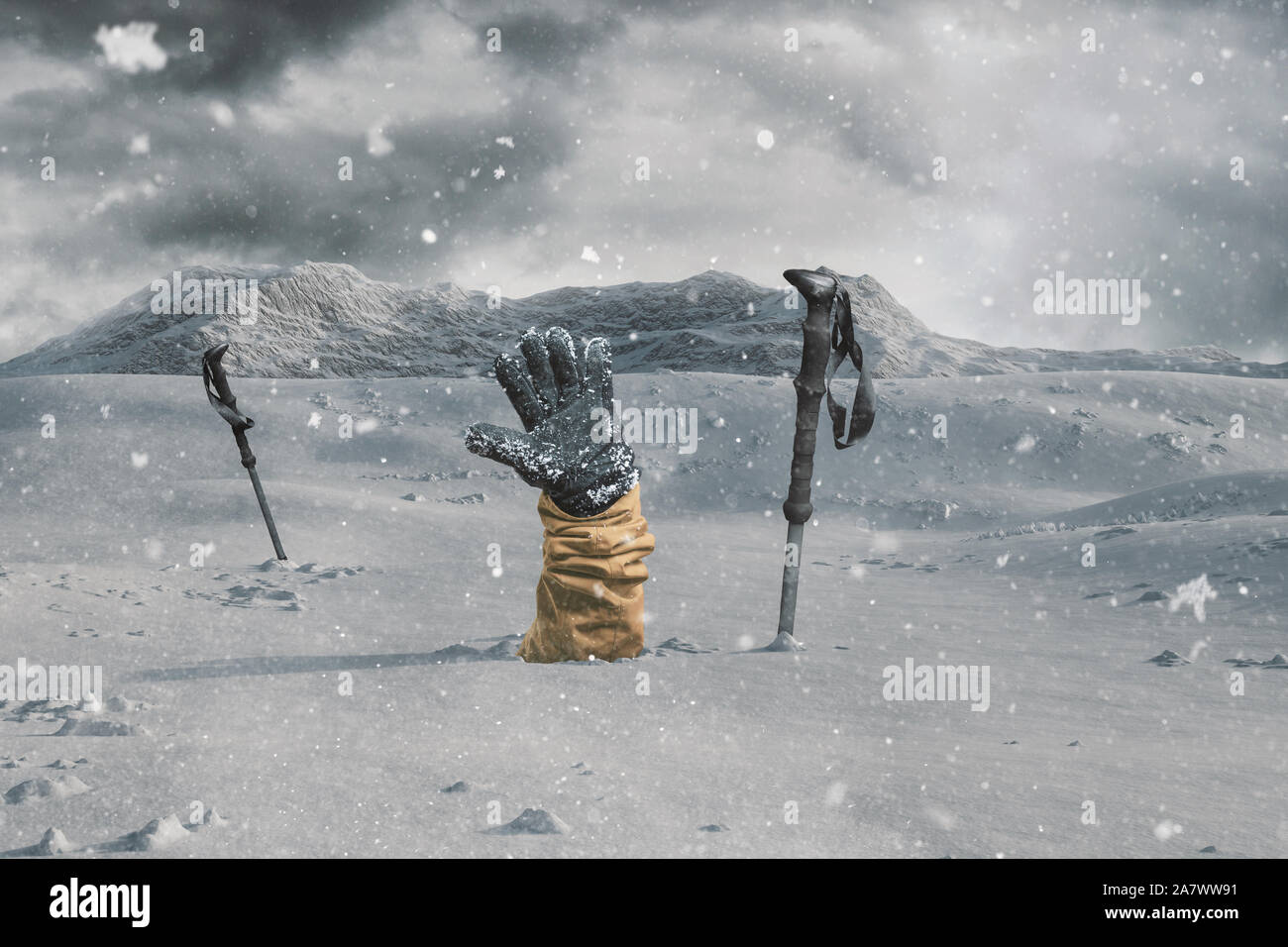 Escursionista stendendo la coperta di neve mano accanto a pali trekking alla guida del segnale a causa di valanghe di neve . Pericolo estrema Foto Stock