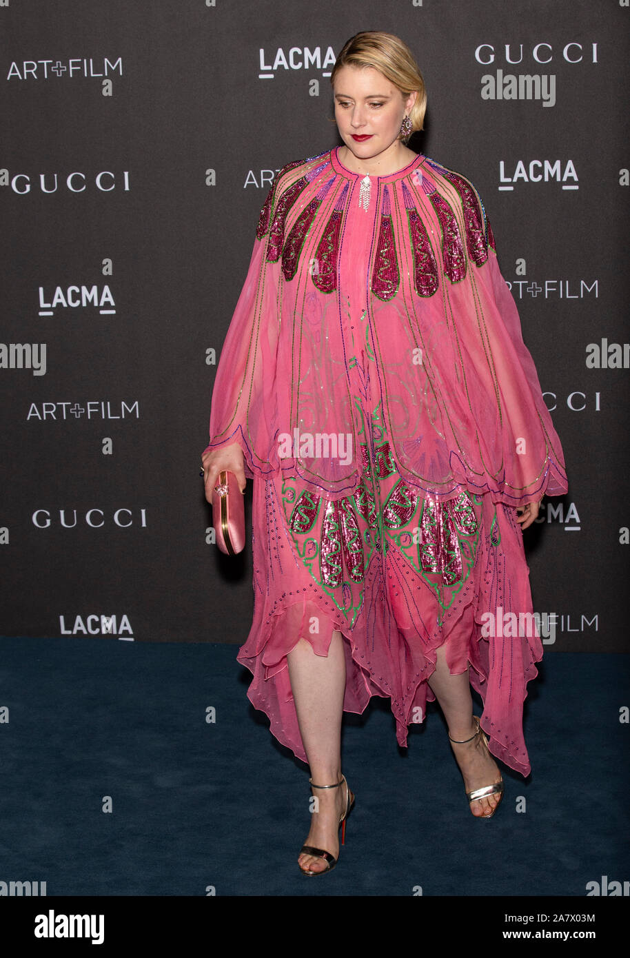 Los Angeles, California - 02 Novembre 2019: Greta Gerwig arriva a 2019 LACMA Art + Film Gala presentato da Gucci Foto Stock