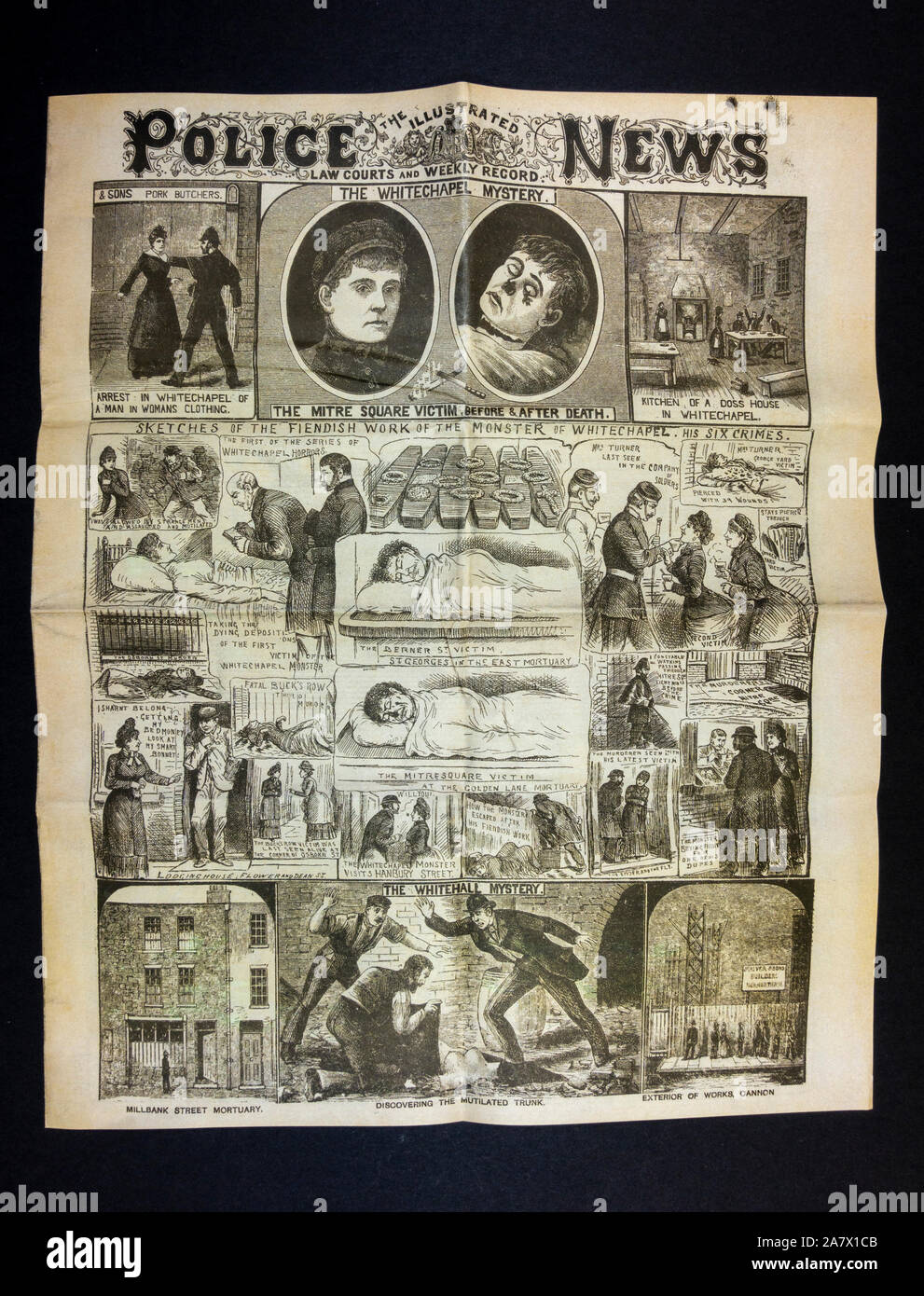 Jack lo Squartatore era quotidiano (replica): illustrato la polizia News pagina anteriore che mostra sommario di Whitechapel omicidi nel 1888. Foto Stock