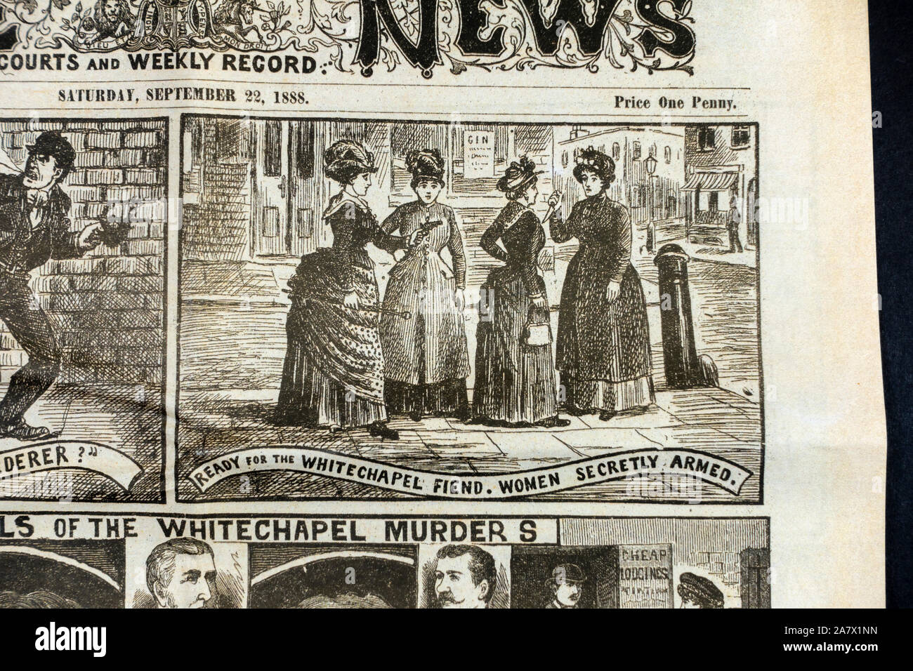 Jack lo Squartatore era quotidiano (replica): illustrato la polizia News (22 settembre 1888) pagina anteriore che mostra le donne di Whitechapel armati in caso di attacco. Foto Stock