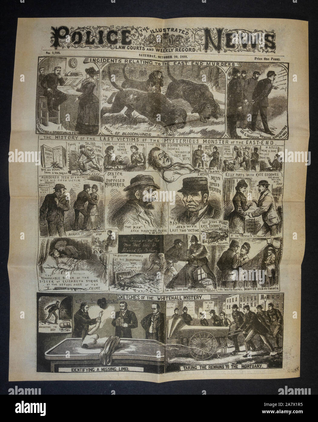 Jack lo Squartatore era quotidiano (replica): illustrato la polizia News pagina anteriore (20 ottobre 1888) che mostra sia il mistero di Whitehall & Whitechapel omicidi. Foto Stock