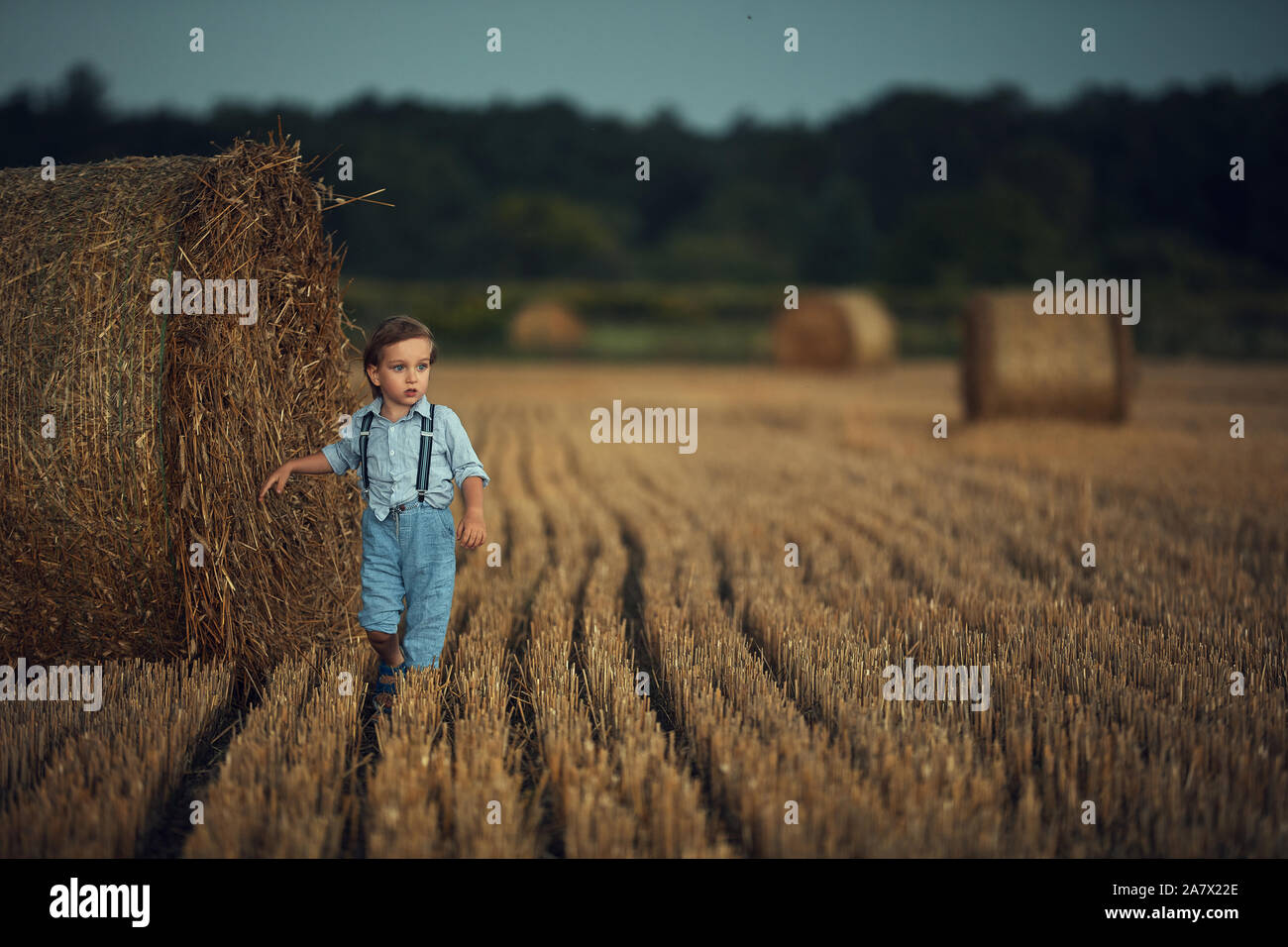 Carino piccolo ragazzo camminando tra sheafs secco - campagna shot Foto Stock